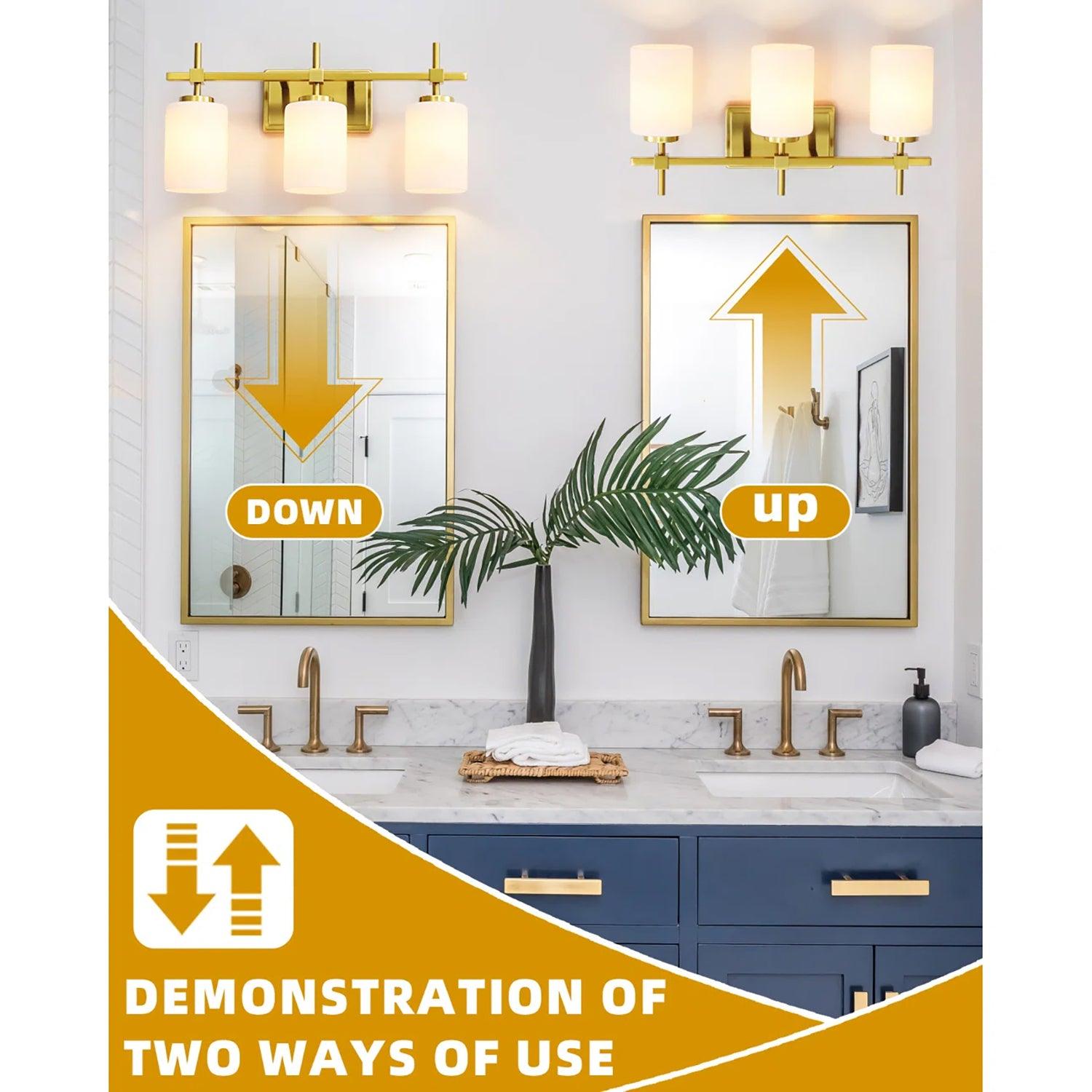Jasper Gold Modern Frosted Glass 3-Light Bathroom Vanity Light Fixture - Perfect for Bathroom, Powder Room, and Dressing Area Lighting