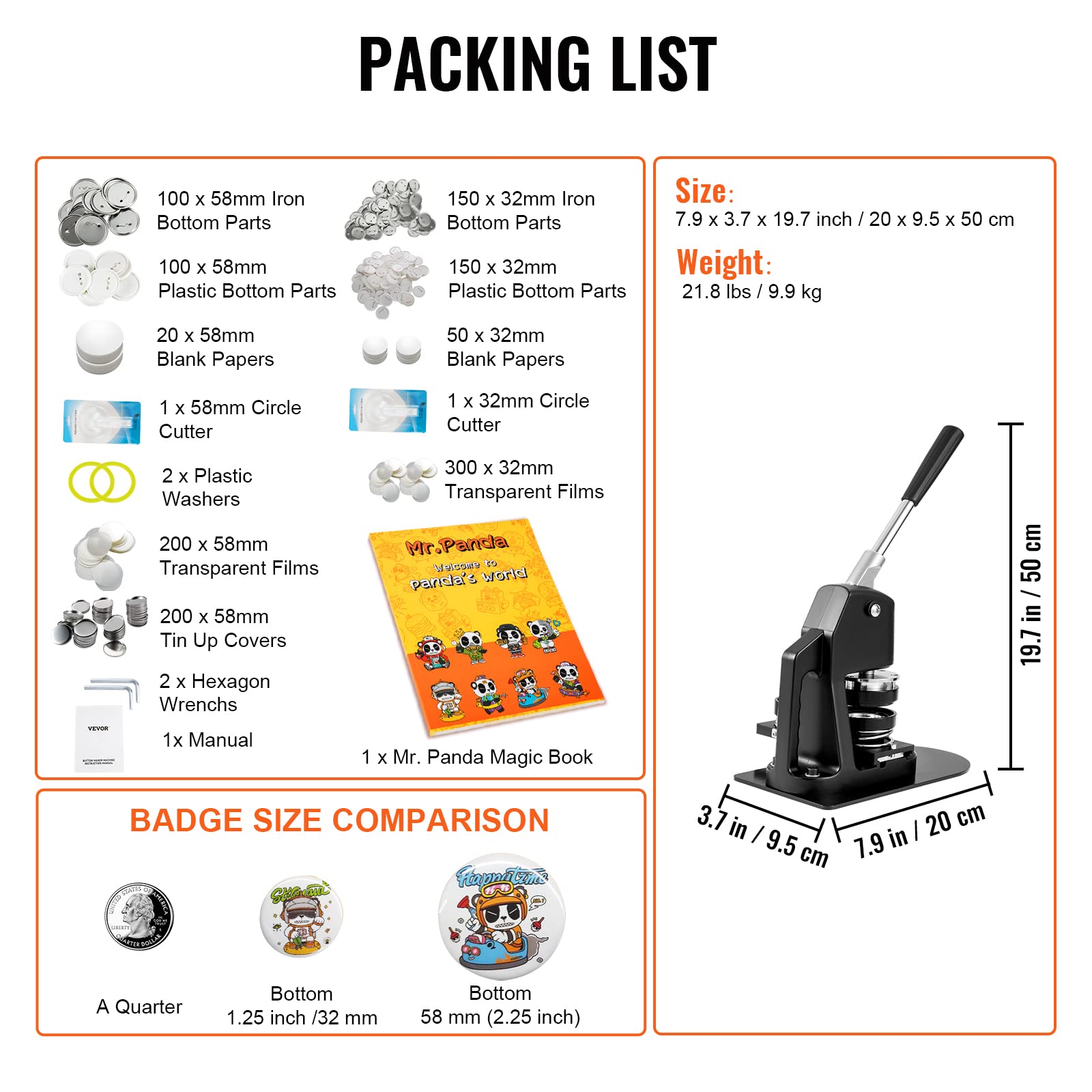 VEVOR Button Maker Machine Kit - 1.25 & 2.25 Inch Badge Press with 500pcs Button Parts, Circle Cutter & Magic Book - DIY Pin Making Supplies for Kids Crafts, School Projects & Party Favors - Perfect for Custom Buttons, Gifts & Event Souvenirs