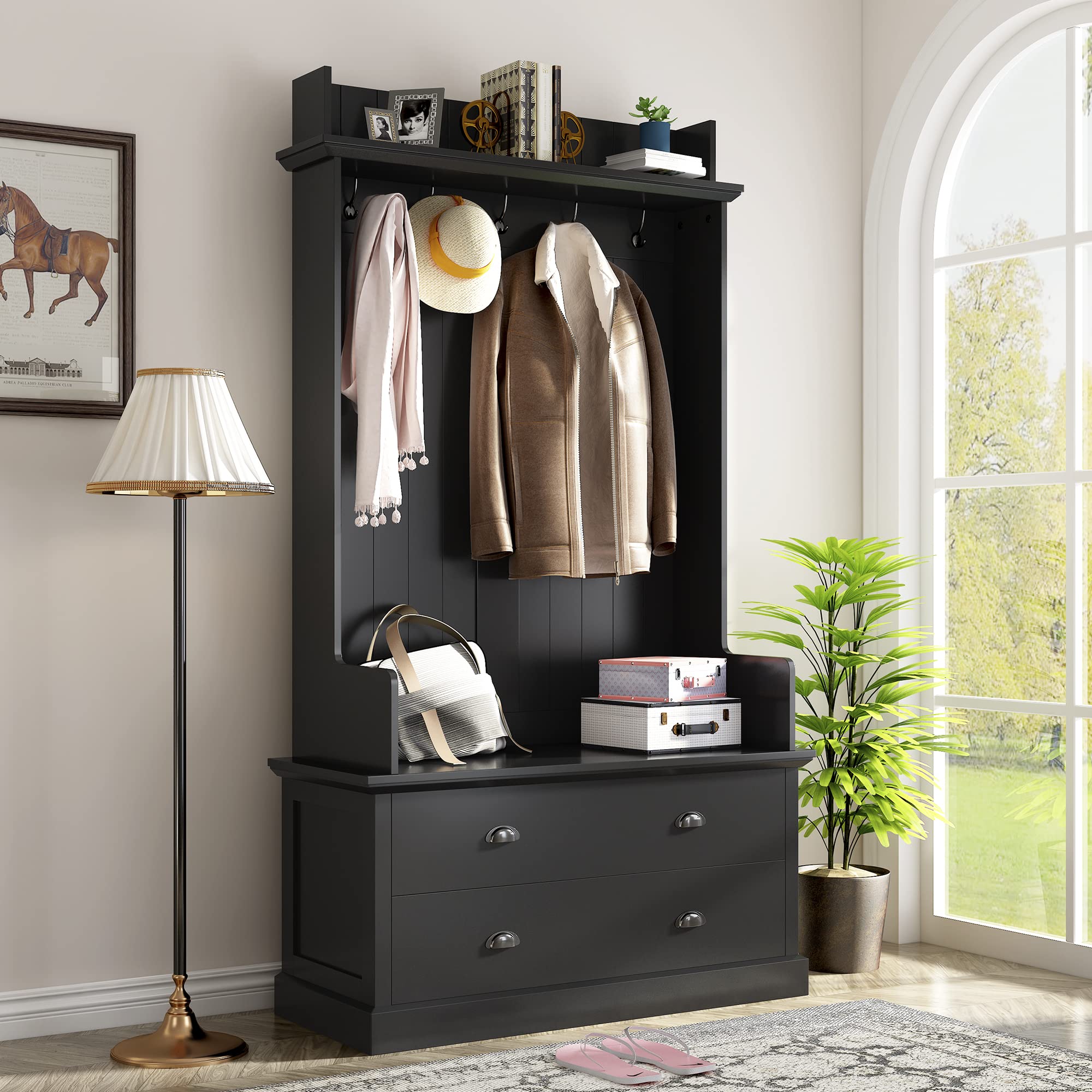 Hall Tree Coat Rack with Storage Bench - Entryway Organizer with 2 Large Drawers & 5 Metal Hooks for Hallway, Living Room | Perfect for Small Spaces, Mudroom & Apartment Entry Organization