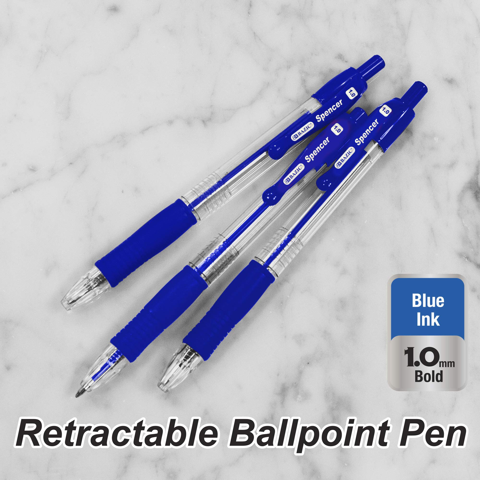 BAZIC Retractable Ballpoint Pens - 1.0mm Bold Point, Soft Barrel Grip, Smooth Writing - Spencer Blue (5 Pens/Pack, 144 Packs Total) - Ideal for Teachers, Office Work, School Supplies & Everyday Use