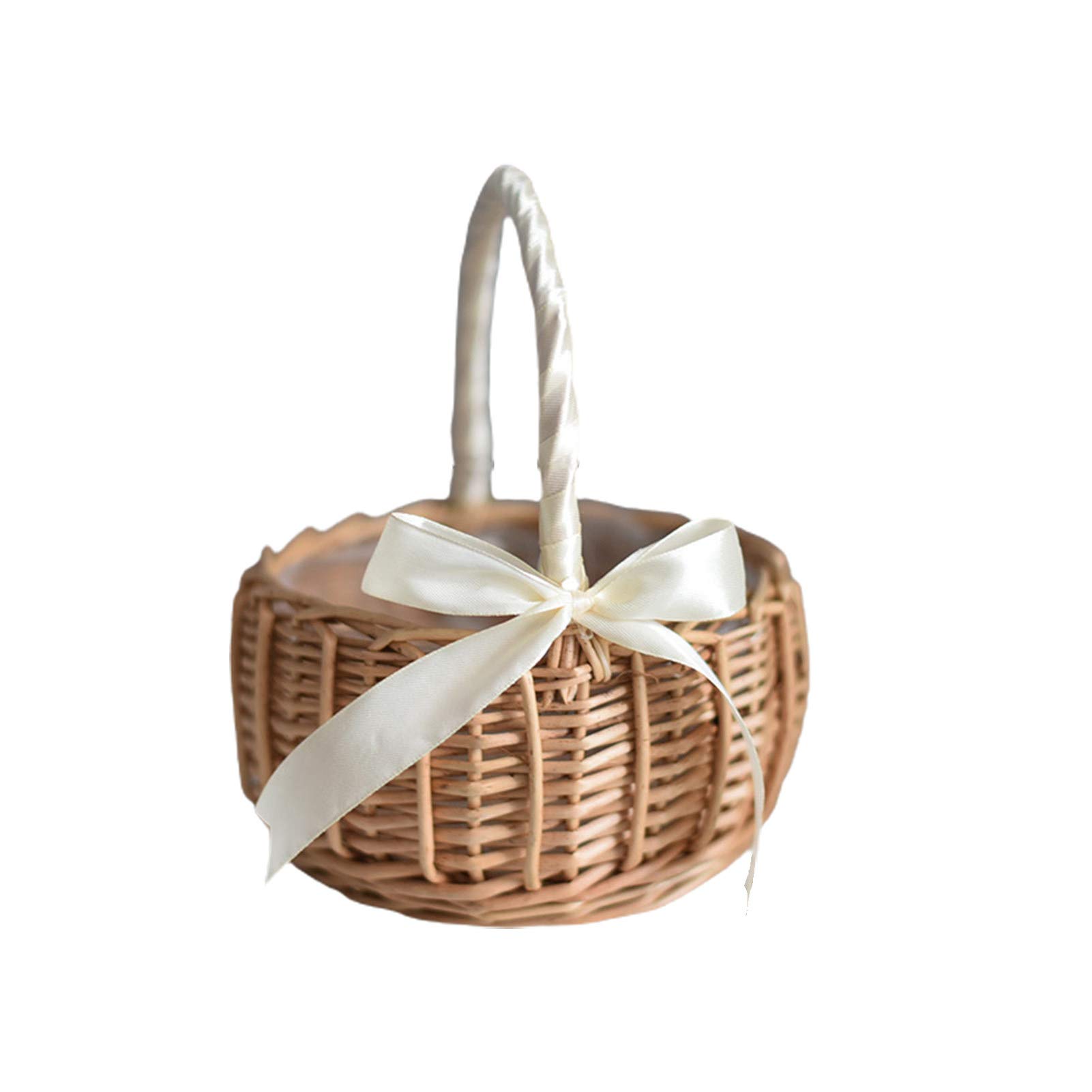 White Woven Wicker Flower Basket - Handheld Wedding Flower Girl Basket, Decorative Storage Basket for Home & Picnic | Perfect for Weddings, Parties, and Outdoor Gatherings