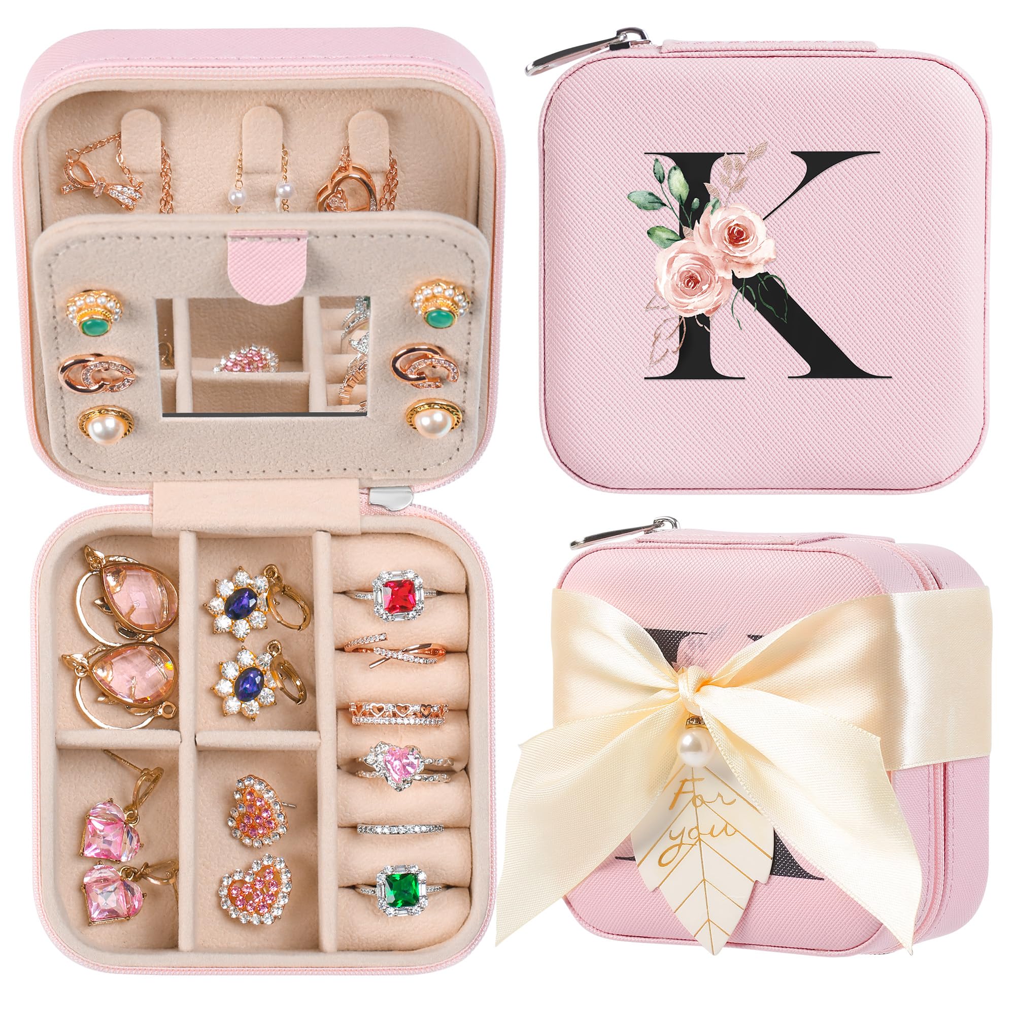 AYGXU Compact Travel Jewelry Organizer Box - Portable Jewelry Storage Case for Women & Girls - Perfect for Teen Gifts, Teacher Presents & Personalized Initials A-Z - Ideal for Vacations, Business Trips & Daily Use