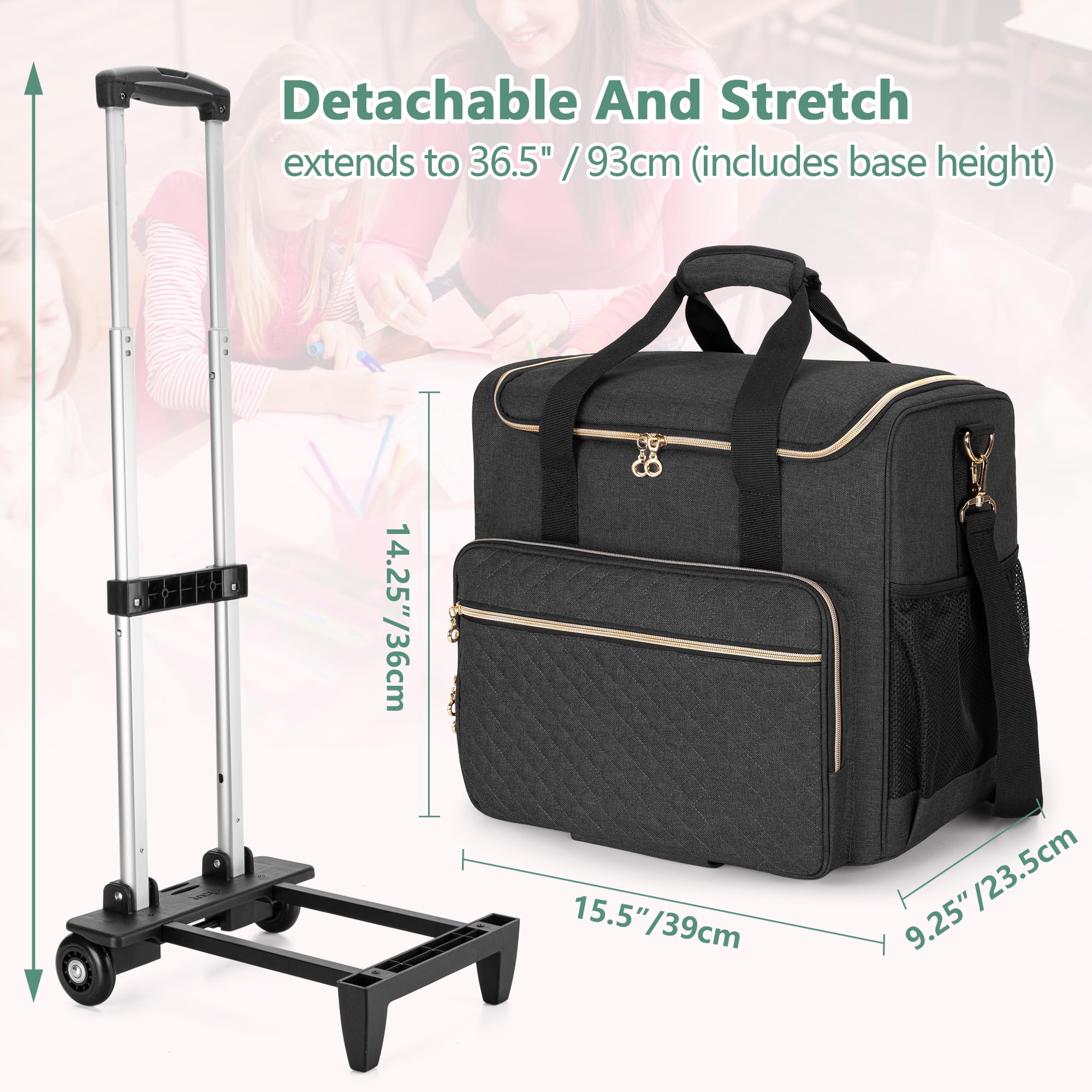 LUXJA Rolling Teacher Bag with Laptop Compartment & Detachable Wheels - Multi-Functional Tote Organizer for Educators (Black) | Perfect for School, Travel & Work Commutes