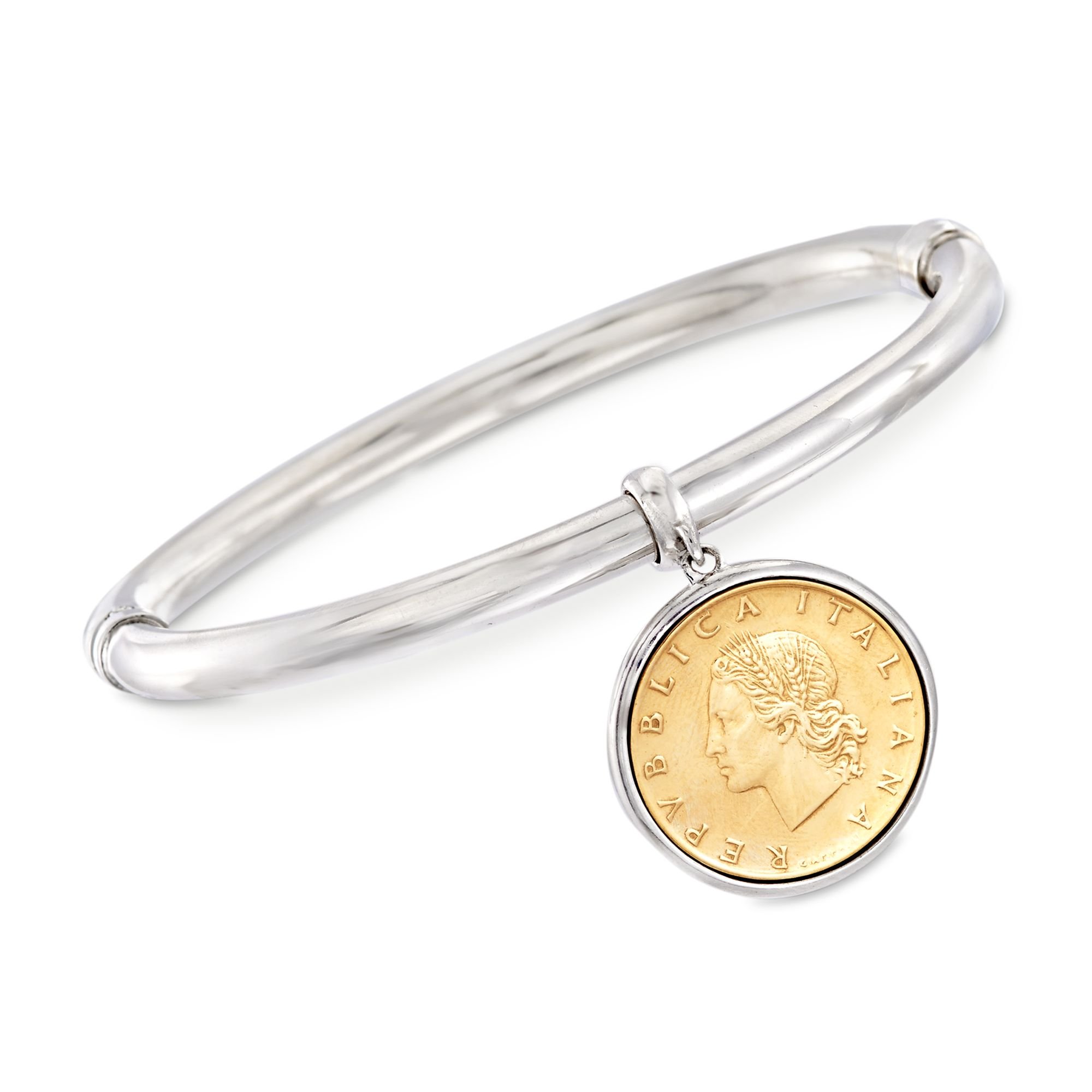 Ross-Simons Italian Genuine Lira Coin Charm Sterling Silver Bangle Bracelet - 7 Inches - Perfect for Vintage Jewelry Lovers & Gift Giving