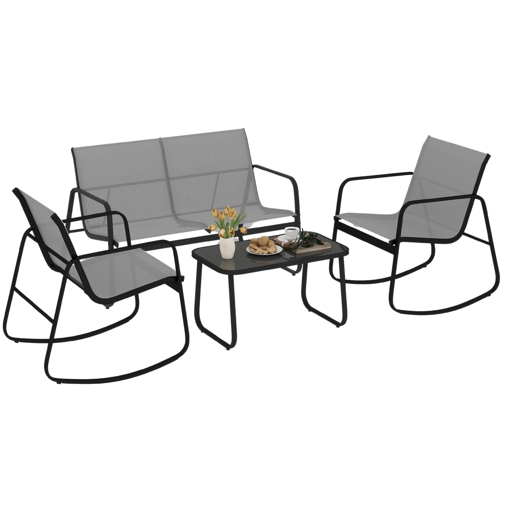 DWVO 4-Piece Outdoor Patio Furniture Set with Textilene Fabric - 2 Rocking Chairs & Tempered Glass Coffee Table - Durable Gray Conversation Set for Garden, Poolside, Backyard or Balcony Relaxation