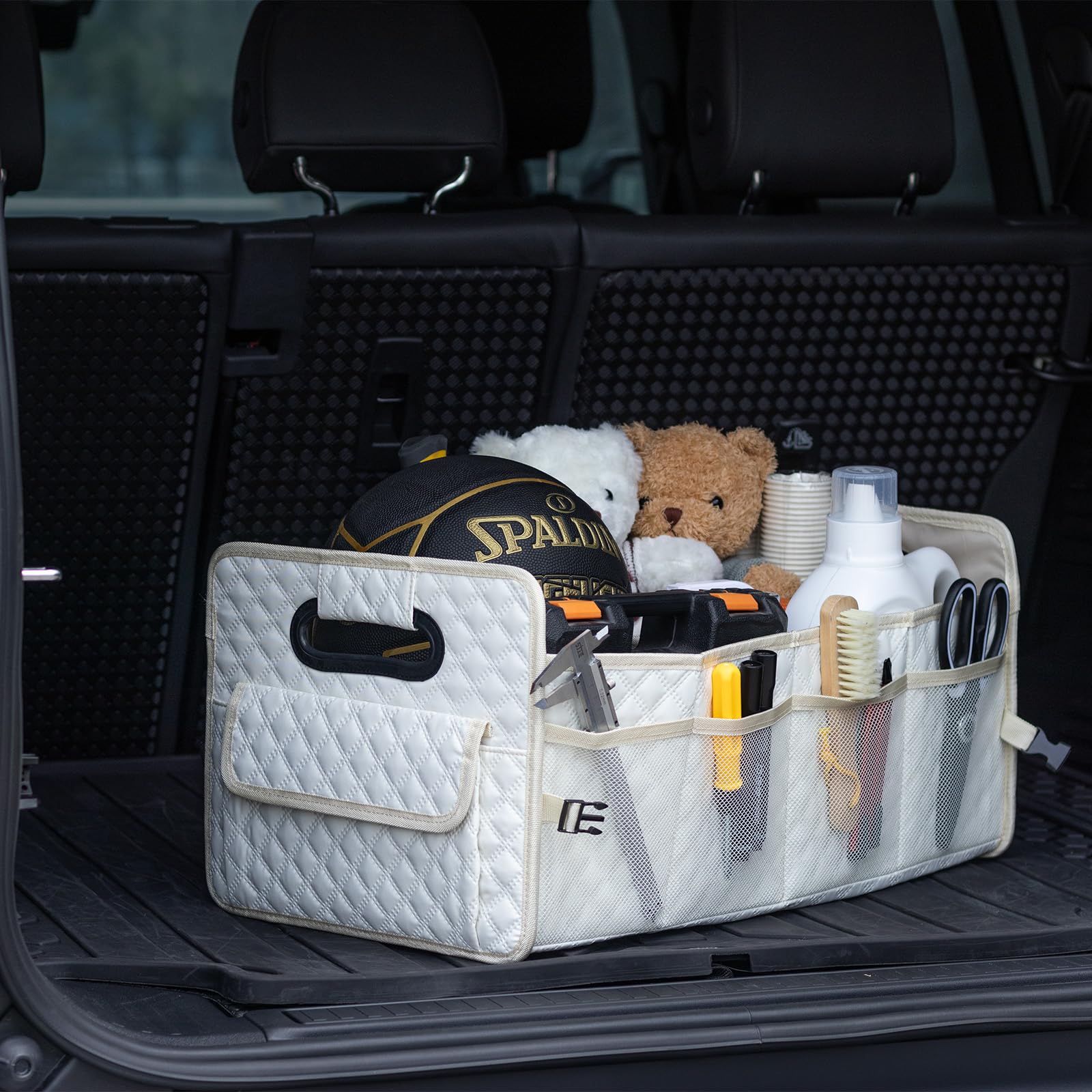 JiatuA Collapsible Multi-Compartment Car Trunk Organizer for SUV - Adjustable Storage Container Box for Women & Men (Beige) | Perfect for Road Trips, Grocery Shopping & Car Organization