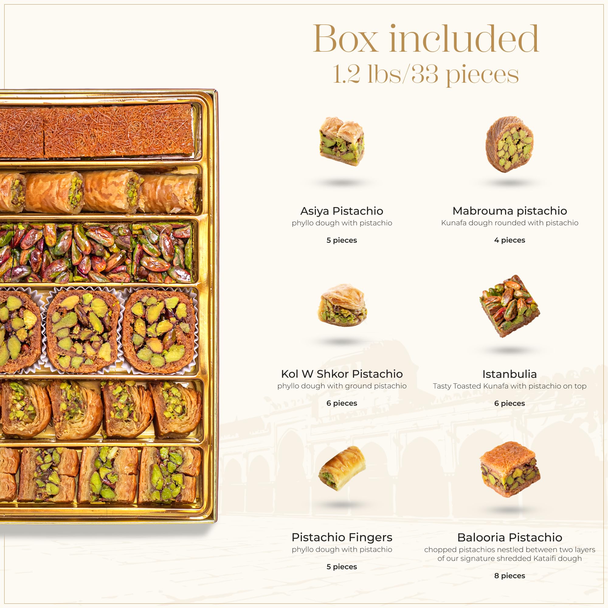 Premium Turkish Baklava Gift Box 1.2lbs (33 Pieces) - Authentic Middle Eastern Sweets with Pistachio & Kunefe - Phyllo Dough & Katafi Pastry - Perfect for Holidays, Gifts & Dessert Parties
