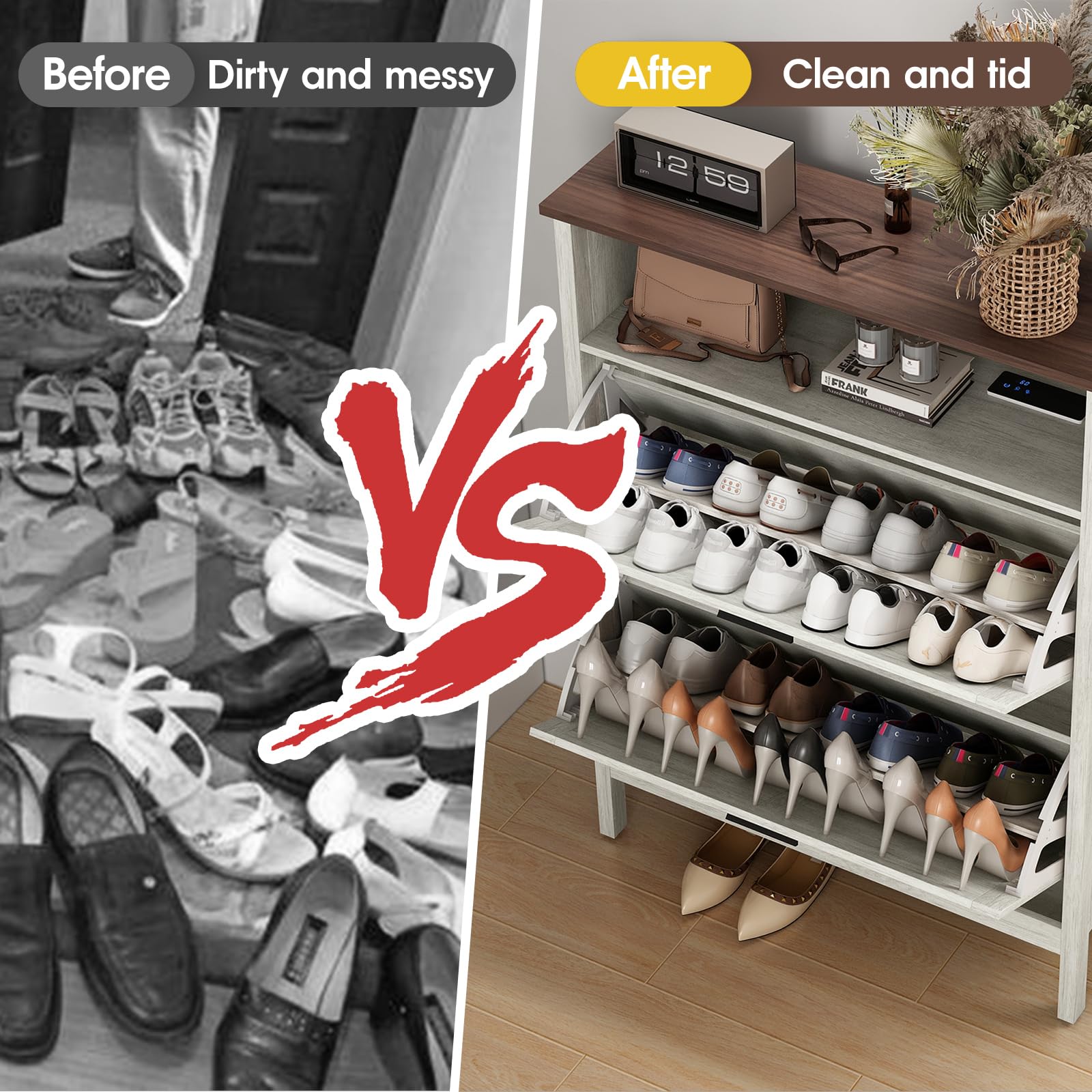 Shoe Storage Cabinet with 2 Flip Drawers - Automatic Deodorizing Shoe Organizer - Freestanding Beige Oak Shoe Rack for Entryway, Closet & Bedroom Organization