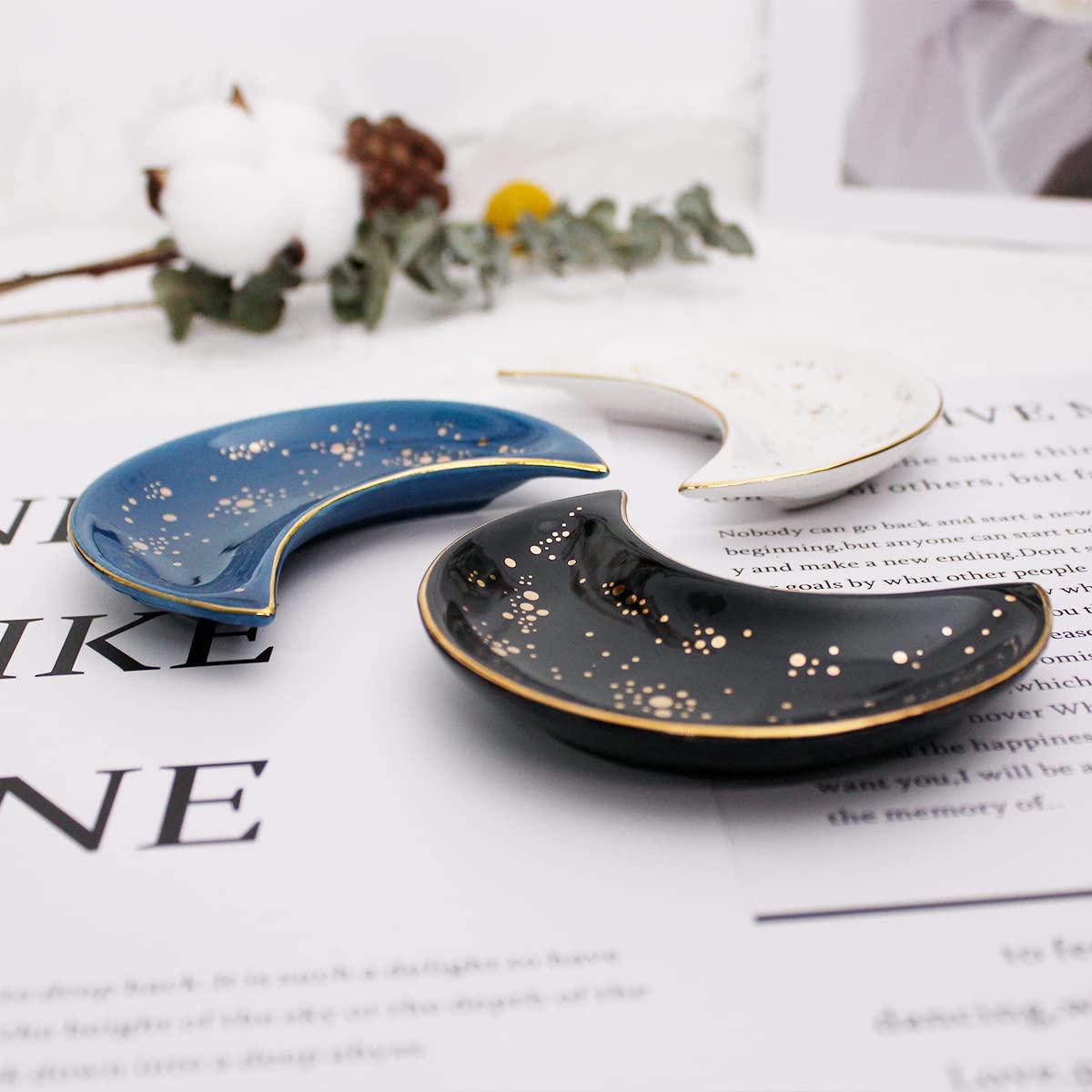 Soddeph Small Moon Ceramic Jewelry Tray - Elegant Decorative Trinket Dish & Ring Holder Plate for Bathroom, Nightstand, Vanity - Blue Ceramic Catchall Tray for Jewelry Organization & Home Decor (Perfect for Gifts, Wedding Favors & Bridesmaid Presents)