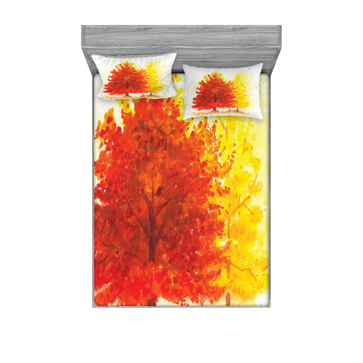 Ambesonne 2-Pack Winter Pine Tree Fitted Sheet & Pillow Sham Set - 4 Piece Bedding Decor with 2 Twin XL Fitted Sheets & 4 Pillow Covers in Yellow Orange - Cozy Fall & Winter Bedroom Upgrade for Cabin, Lodge, or Seasonal Home Decor