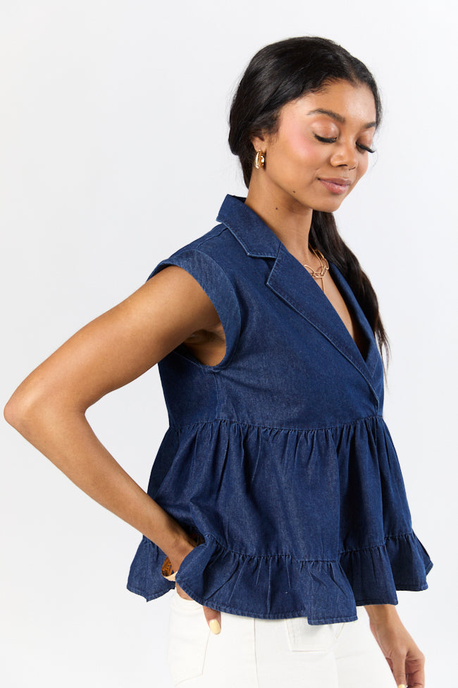 Perfect Aura Dark Wash Denim Collared Tank Top for Women - Stylish Casual & Summer Outfits - Trendy Layering Piece for Date Nights and Beach Vacations