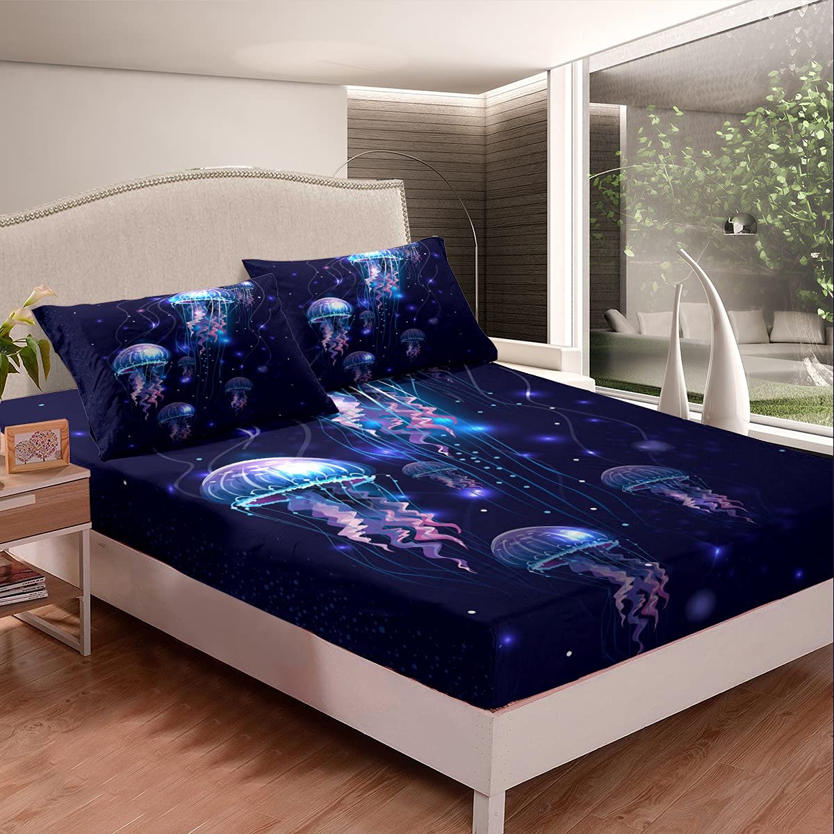 Kids Ocean Creature Themed Bedding Set - Jellyfish Print Queen Size 3-Piece Bed Sheet Set with Fitted Sheet, Pillowcases | Underwater Marine Theme Room Decor for Girls' Bedroom | Perfect for Beach-Themed Rooms & Sea Life Enthusiasts