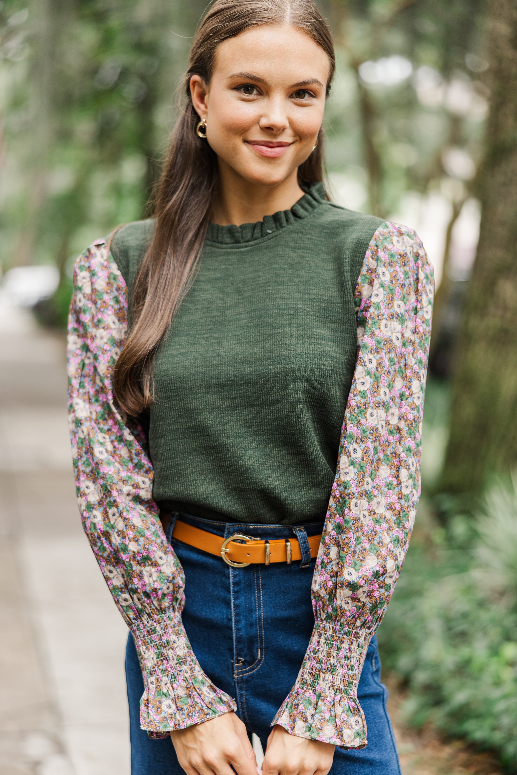 Stylish Olive Green Floral Blouse for Women - Elegant Spring Summer Tops - Perfect for Office, Date Night & Casual Outings