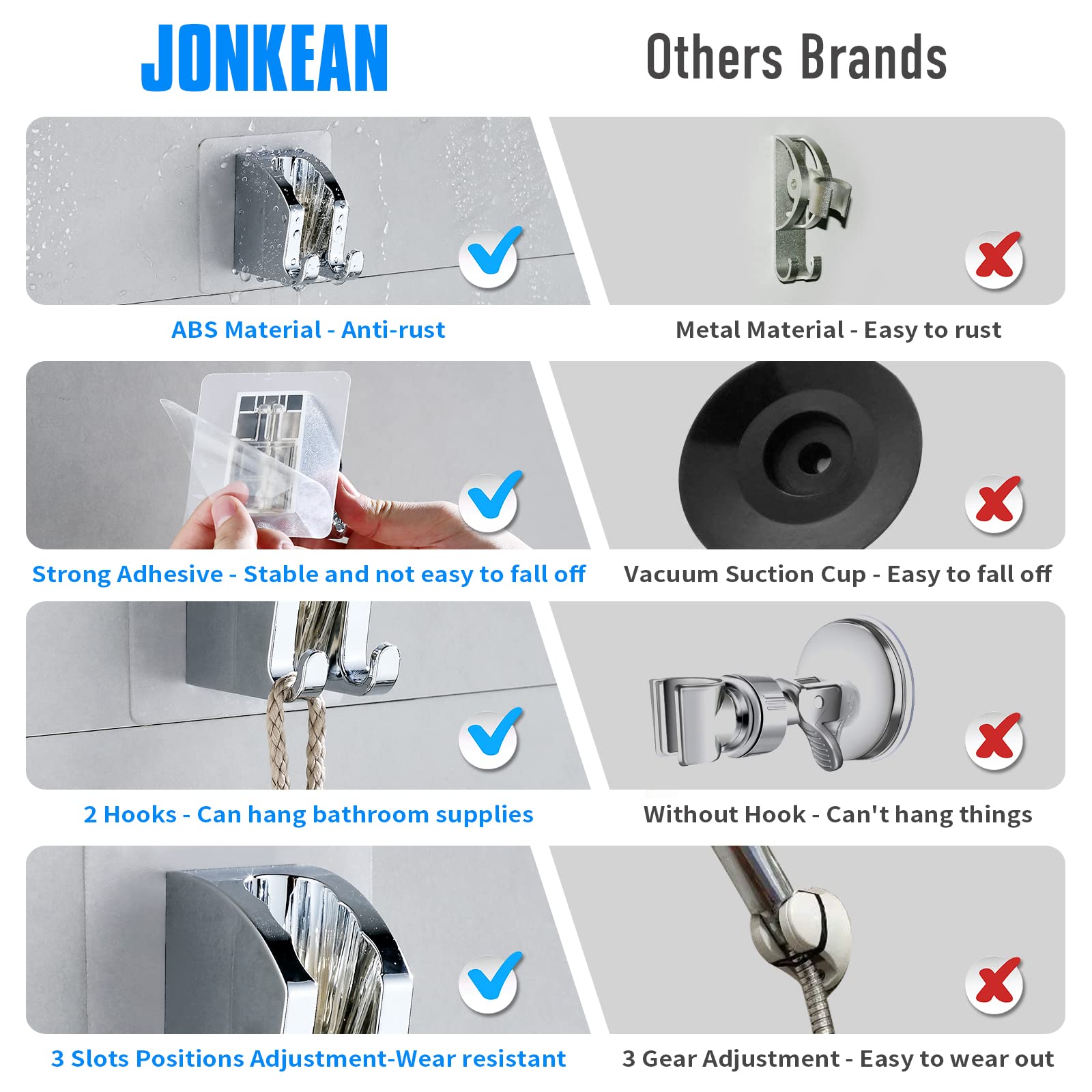 JONKEAN Chrome 1Pack Adjustable Shower Head Holder with 2 Hanger Hooks - Self-Adhesive Wall Mount for Shower Wand Hose - Perfect for Bathroom, RV, and Small Spaces