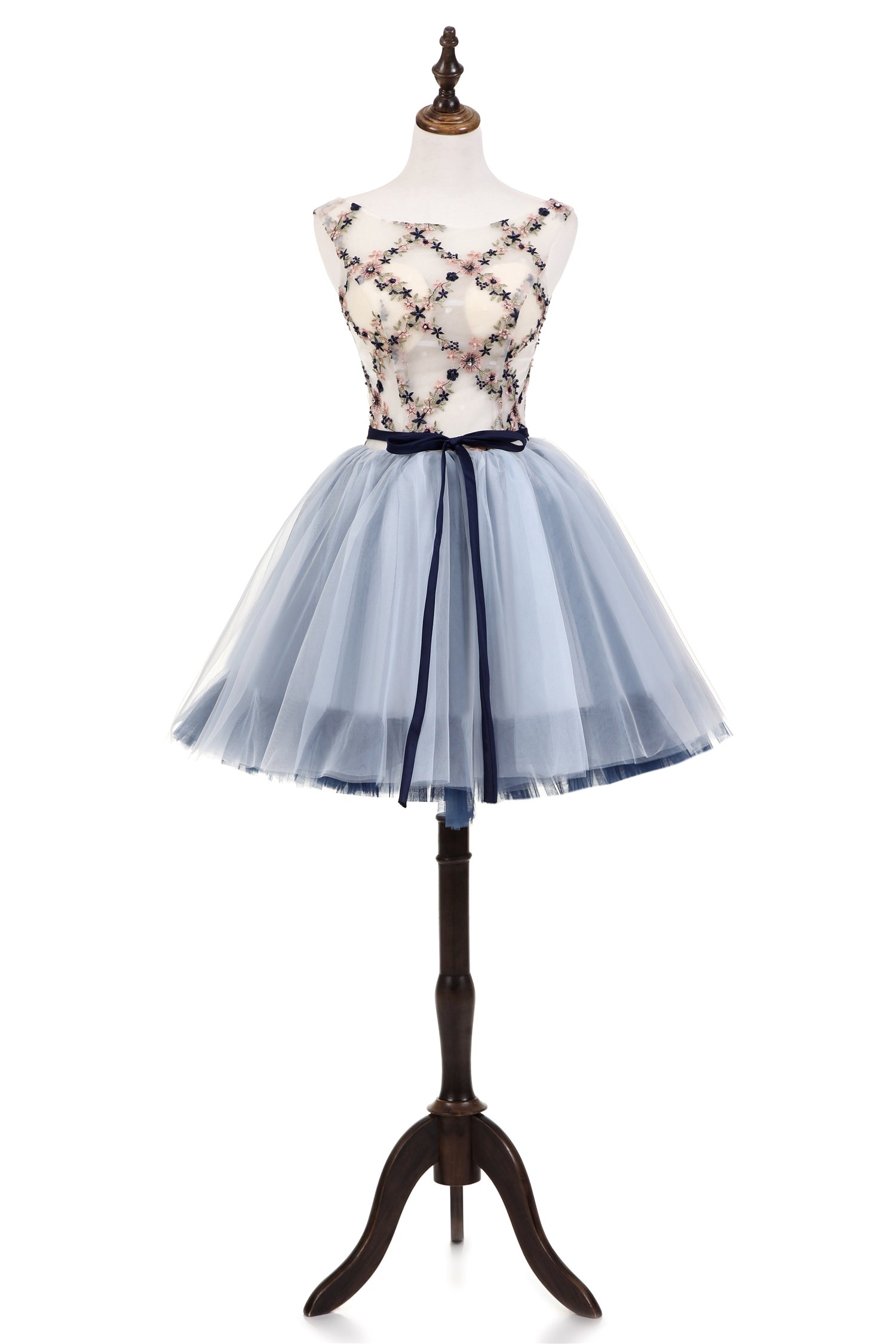 Elegant Women's Scoop Neck Embroidery Beaded Lace-up Tulle Prom Dress for Homecoming, Party, Wedding & Special Occasions