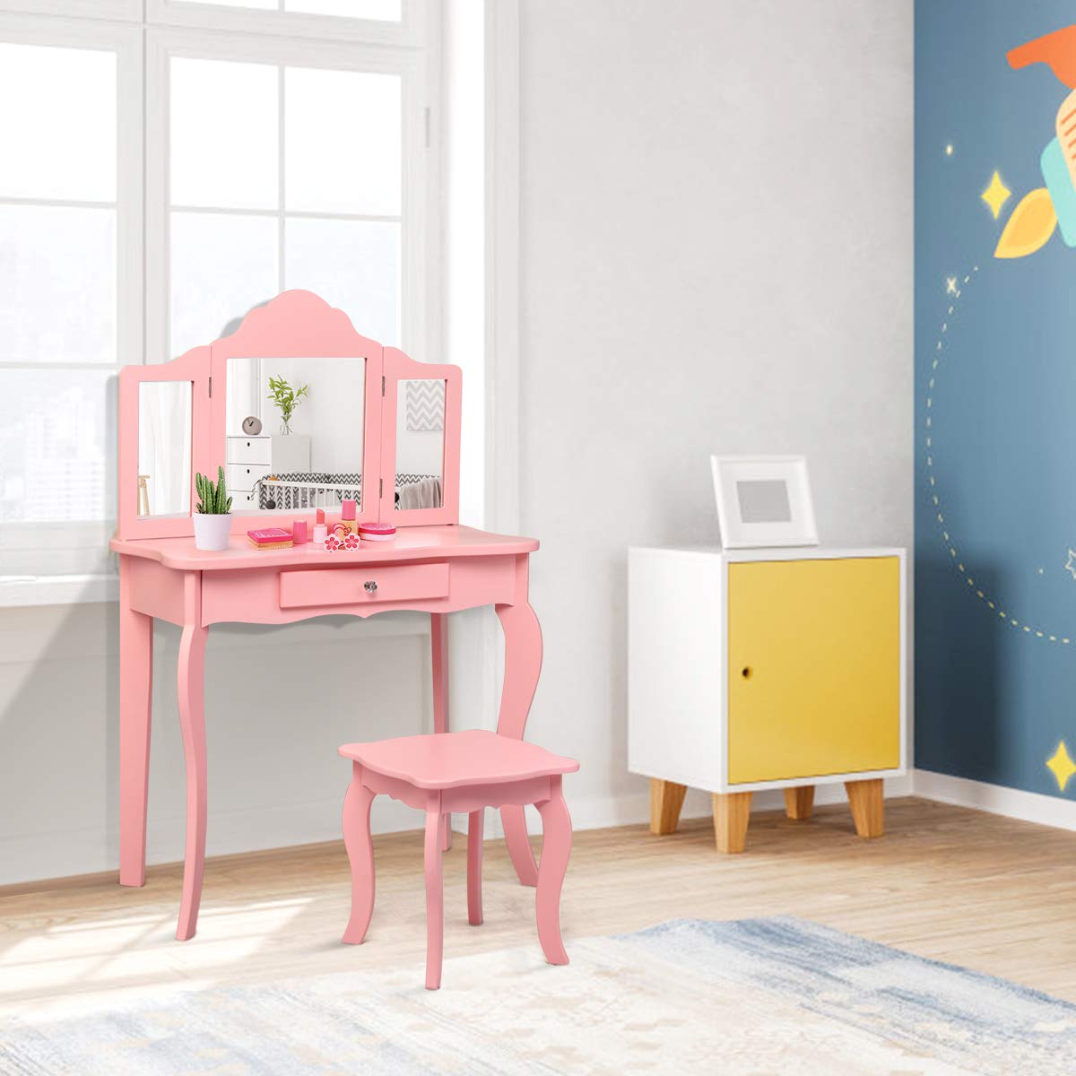Costzon Kids Wooden Vanity Table & Stool Set - 2 in 1 Detachable Design with Dressing Table & Writing Desk, Princess Makeup Vanity with 180° Folding Mirrors for Girls (Pink) - Perfect for Bedroom Decor, Pretend Play & Gift for Toddlers