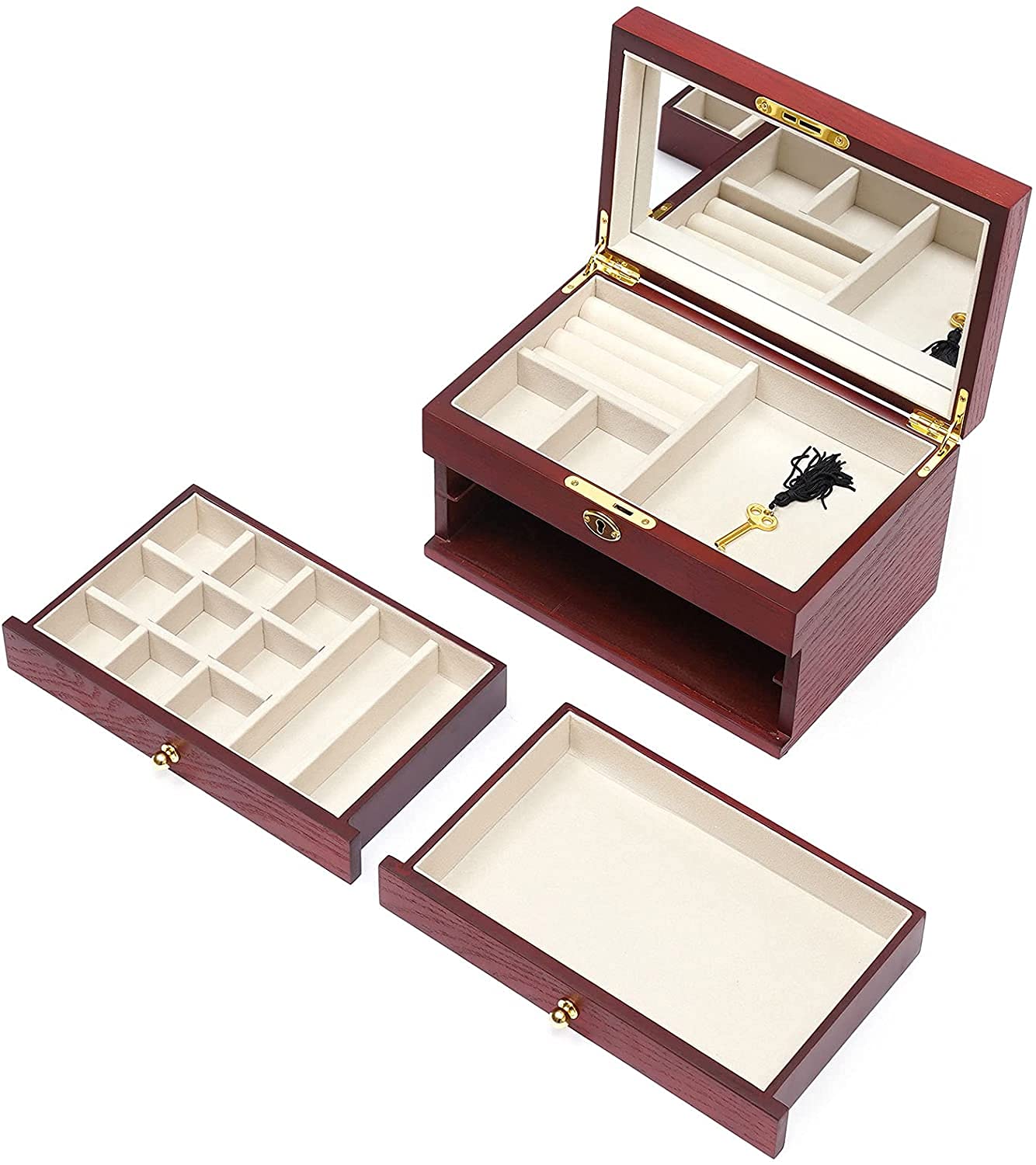 3-Layer Large Wooden Jewelry Box with Mirror & Lock - Jewelry Storage Organizer for Watches, Earrings, Rings, Necklaces & Bracelets - Perfect for Travel, Home Decor & Gift Giving (Red)