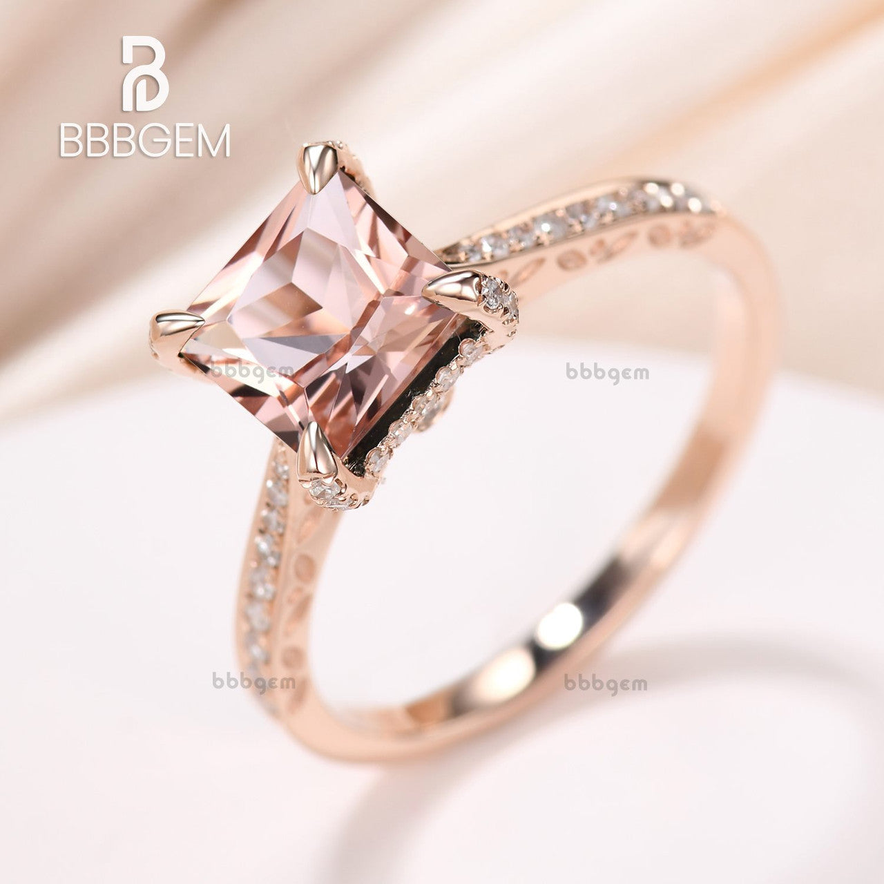 Exquisite Morganite Princess Cut Diamond Side Stone Engagement Ring with Filigree Tapered Diamond Band - Perfect for Proposals, Anniversaries & Romantic Occasions