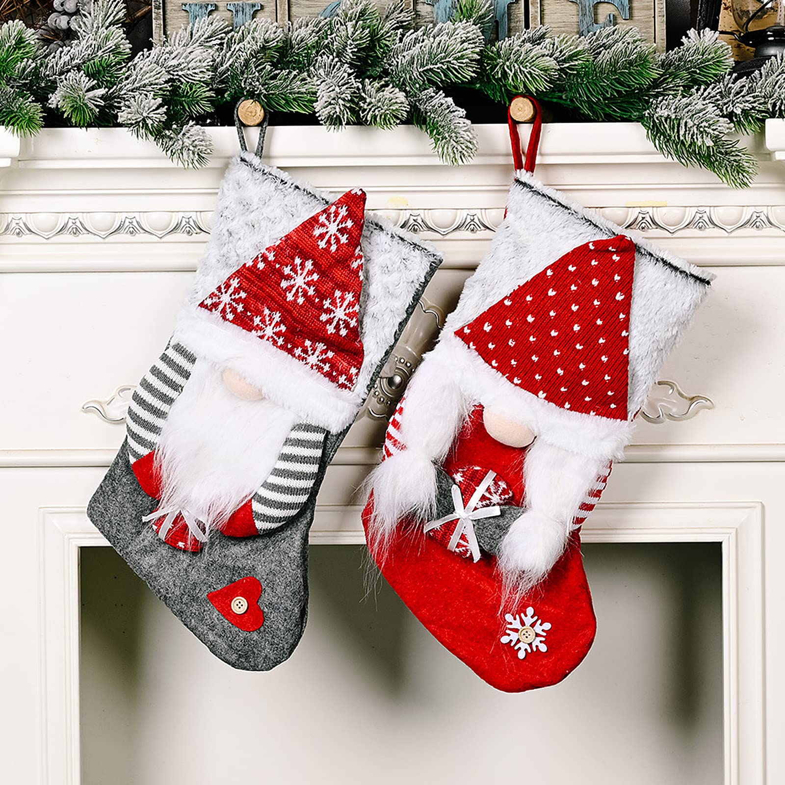 3D Gnome Santa Christmas Stockings 2 Pack - 16.1 Inch Fireplace Hanging Stockings for Family Holiday Decor | Xmas Party, Gift Exchange & Festive Home Decoration