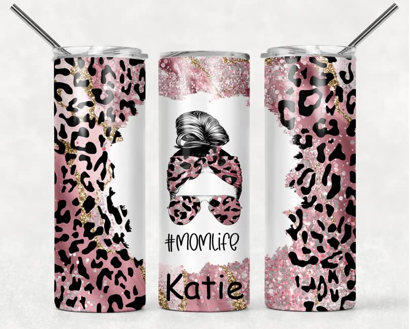 Personalized 20oz Insulated Stainless Steel Tumbler with Lid - Double Wall Vacuum Travel Mug for Hot & Cold Drinks - Custom Name Pink Glitter Leopard Print Cup - Perfect for Coffee, Tea, Gym, Office & Mom Life Gifts