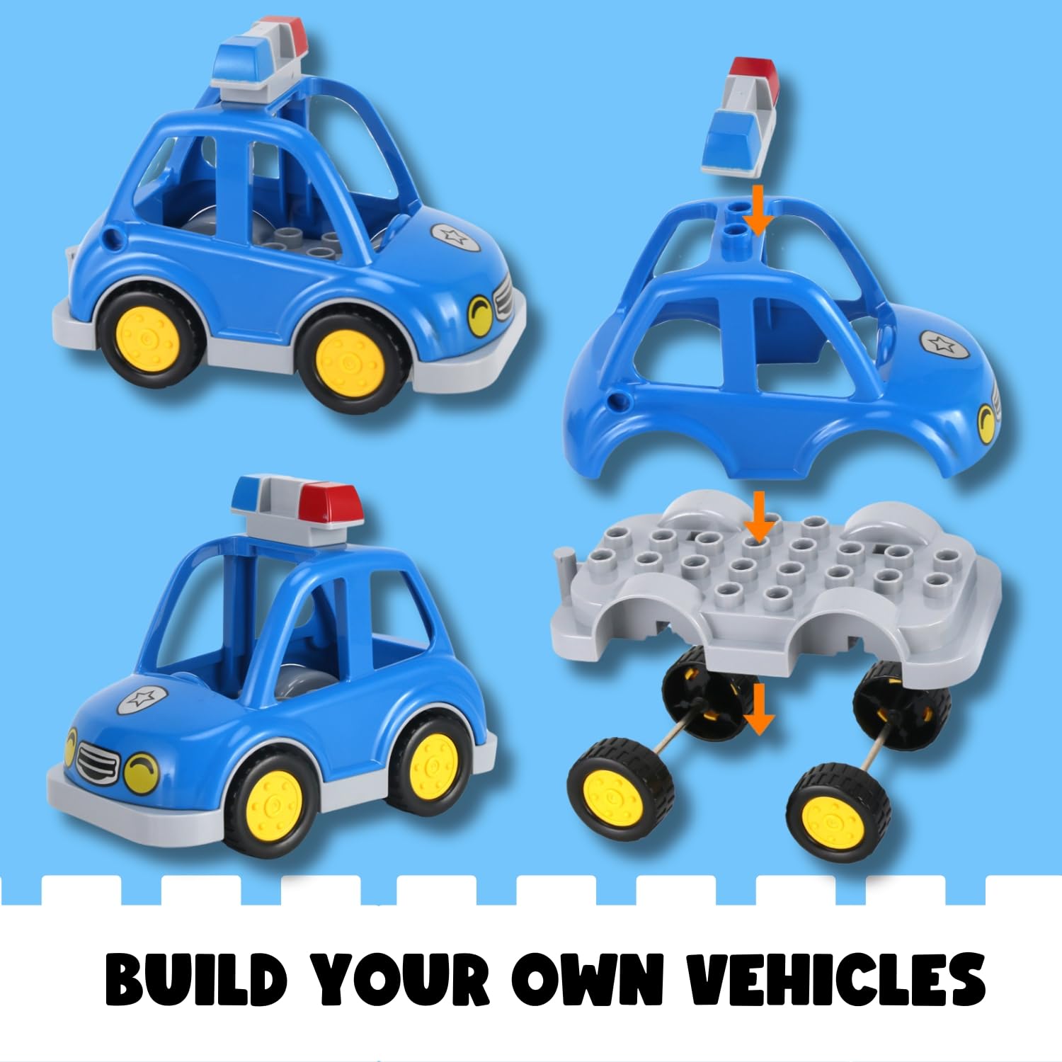 Liberty Imports 4-Pack City Vehicles Transportation Toy Set - Police Car, Fire Truck, School Bus & Motorcycle | Compatible with LEGO DUPLO Blocks | STEM Learning Toys for Toddlers & Kids | Perfect for Pretend Play & Early Education