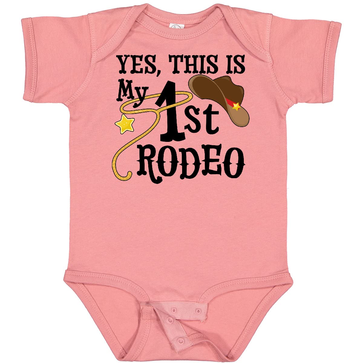 Inktastic 'Yes, This is My 1st Rodeo' Cowboy Hat with Red Band Baby Bodysuit - Cute Western Outfit for Infants, Rodeo Theme Parties & Cowboy Costume Events
