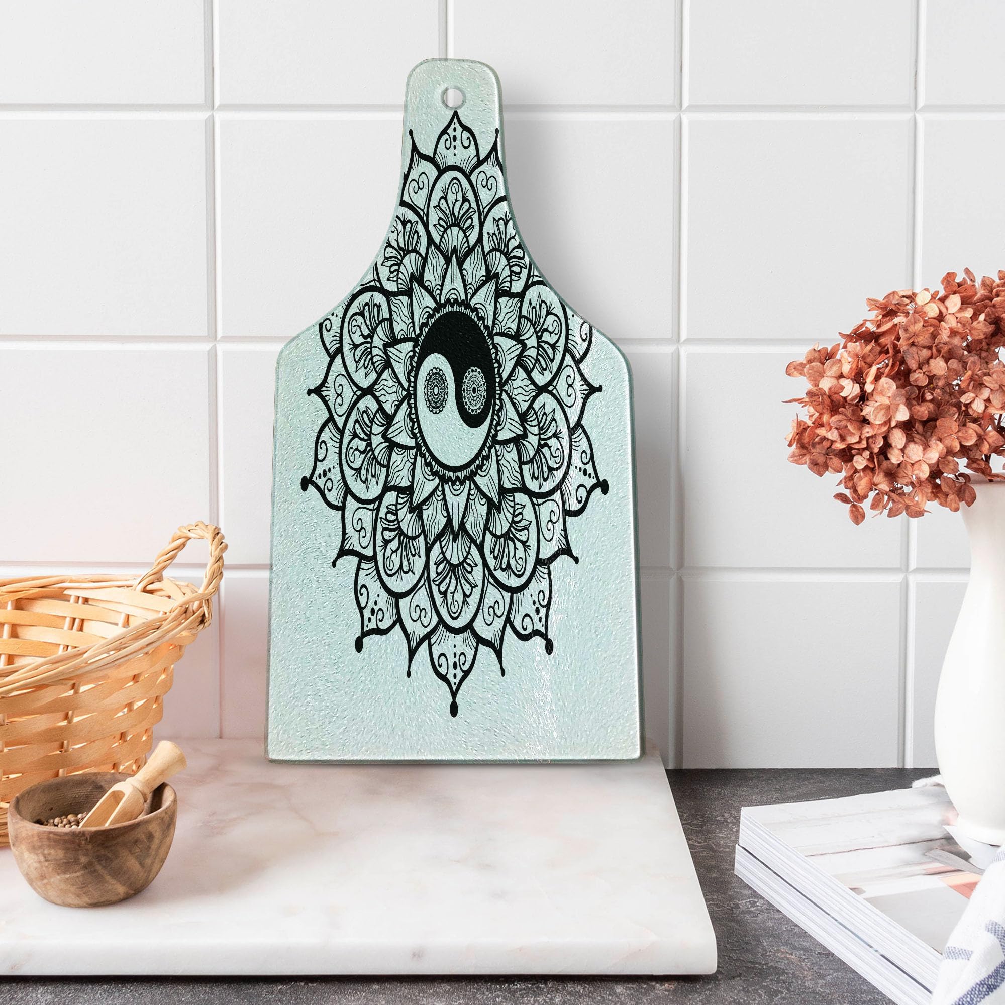 Ambesonne Yin Yang Cutting Board - Retro Floral Mandala Paisley Design, Tempered Glass Serving Board for Kitchen & Dining, Wine Bottle Shape in Black & White - Perfect for Cheese Platters, Charcuterie & Party Serving