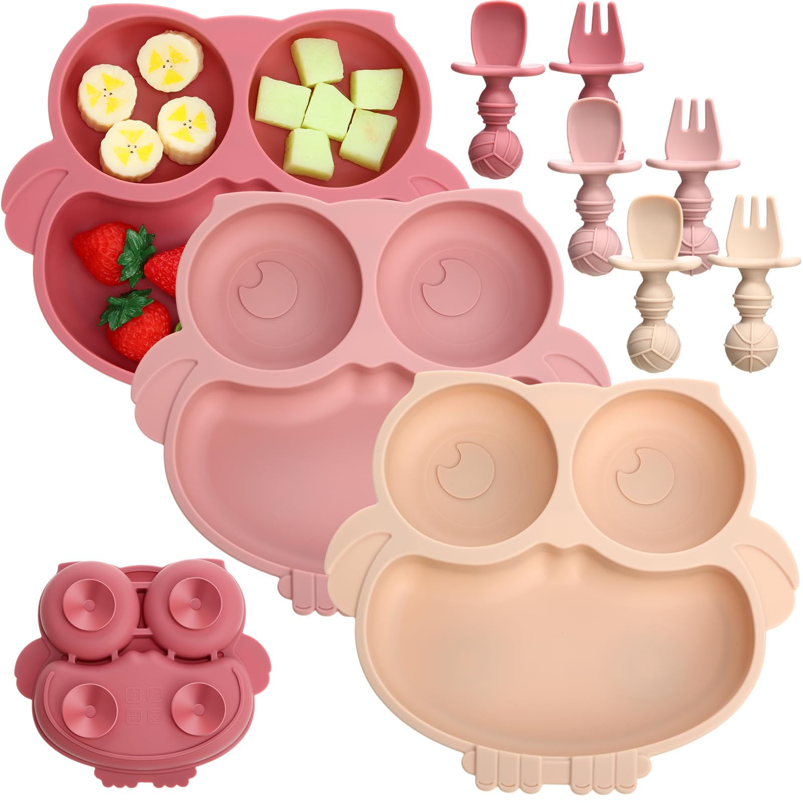 3-Pack Silicone Baby Plates with Spoon & Fork - Owl-Shaped Divided Toddler Dish Set, Microwave & Dishwasher Safe - Beige, Dark Pink, Light Pink - Perfect for Baby-Led Weaning, Mess-Free Mealtime & Travel Feeding