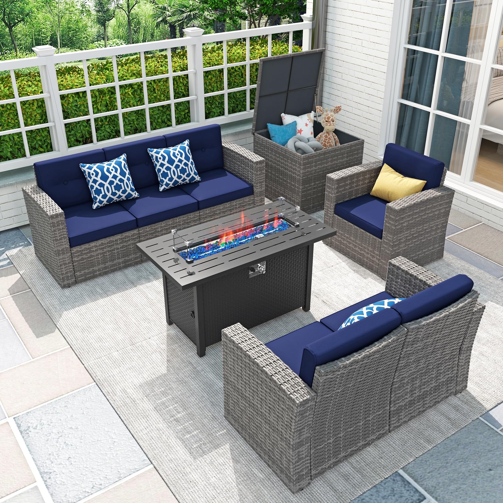 JOIVI 8-Piece Outdoor Patio Furniture Set with Fire Pit Table - Wicker Rattan Sectional Sofa Set with Storage Box & 3 Blue Cushions - Perfect for Garden, Poolside, Backyard, and Outdoor Entertaining