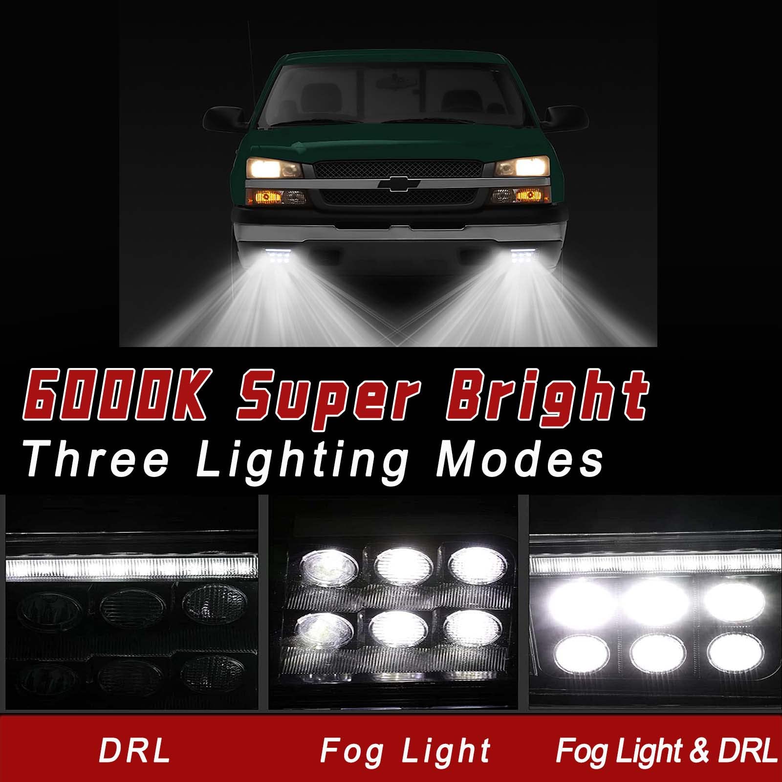 Tecoom LED Fog Lights with DRL for 2003-2007 Chevy Avalanche Silverado 1500/2500/3500 - High Visibility Daytime Running Lamps & Night Driving Safety Lights