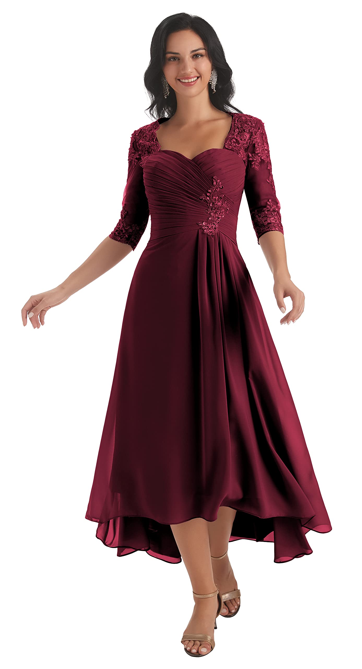 Elegant Women's High-Low Lace Mother of The Bride Dress with Long Sleeves - Formal Ruched Gown for Weddings, Parties & Special Occasions