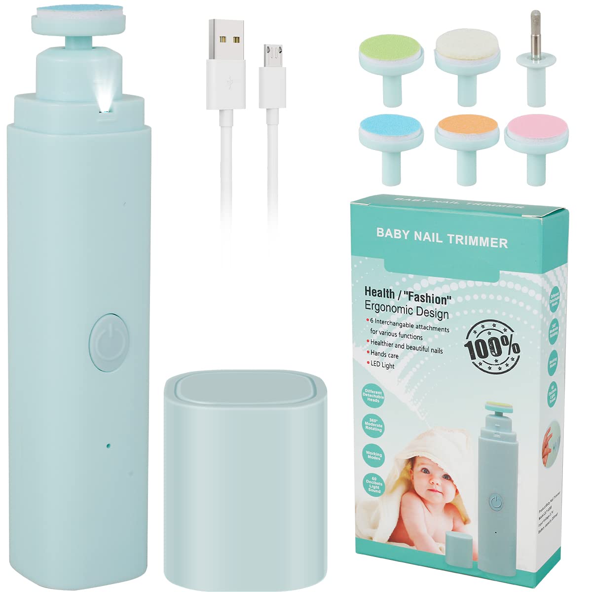 Kuphy Electric Baby Nail Trimmer - Rechargeable LED Nail Clipper with 6 Grinding Heads for Infants & Adults | Safe Portable Nail File for Toenails & Fingernails | Perfect for Newborn Care, Travel & Home Manicure/Pedicure