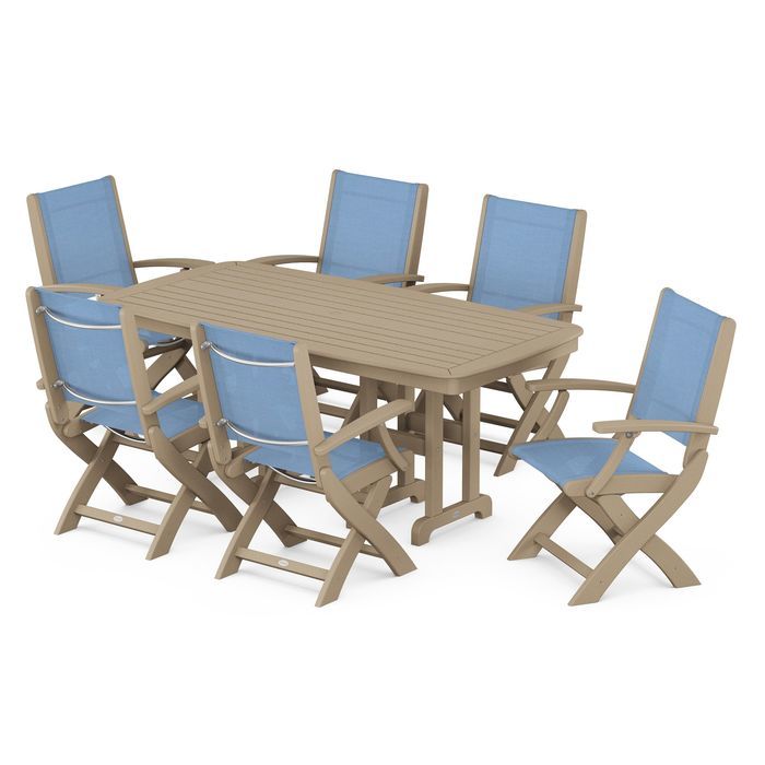 POLYWOOD Coastal Folding Arm Chair 7-Piece Outdoor Dining Set - Perfect for Patio, Deck, Poolside & Beachfront Entertaining