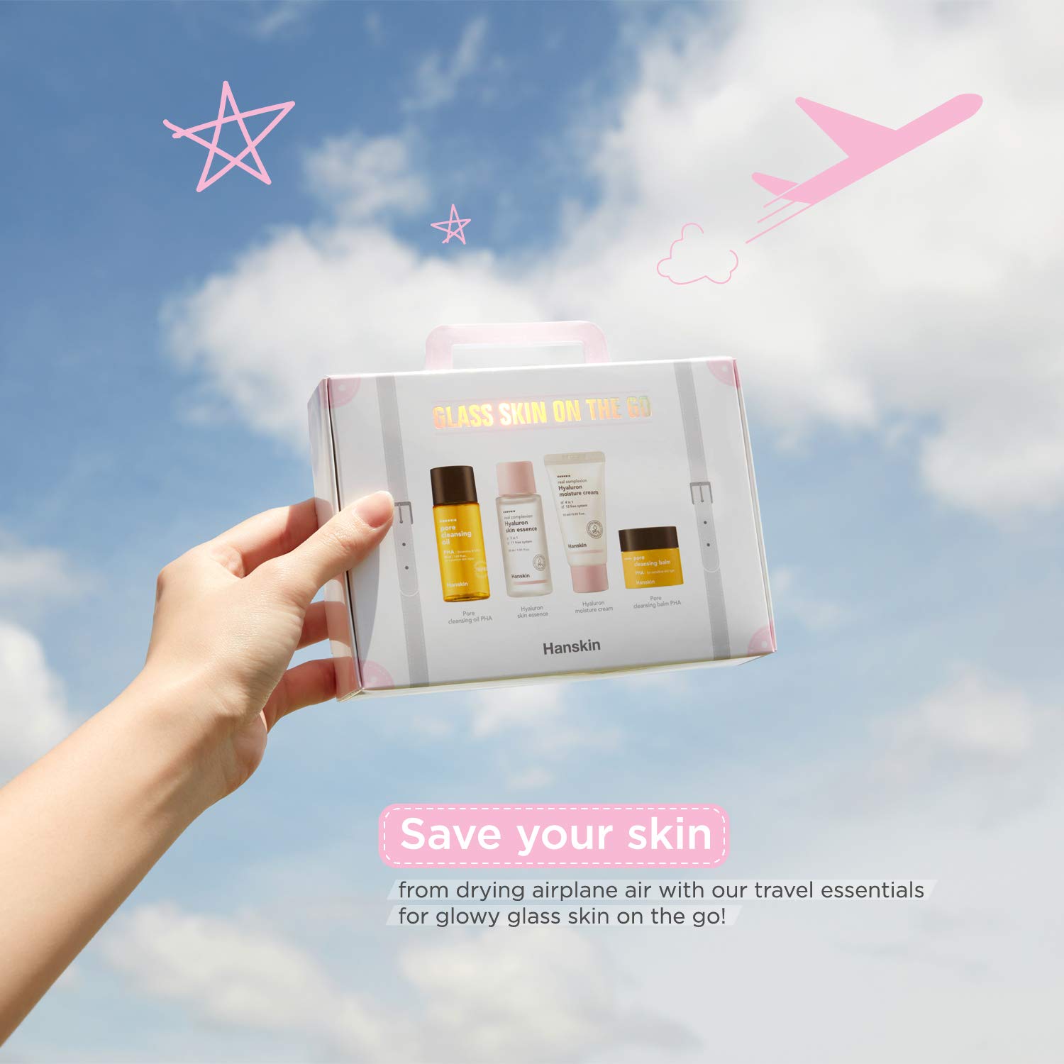 Hanskin Glass Skin On The Go Kit - 4 Piece Hydrating Skincare Set with Cleanser, Essence Toner & Moisturizer | Korean Beauty for Glowing Skin | Travel-Friendly Moisturizing Routine for Dry & Dull Skin