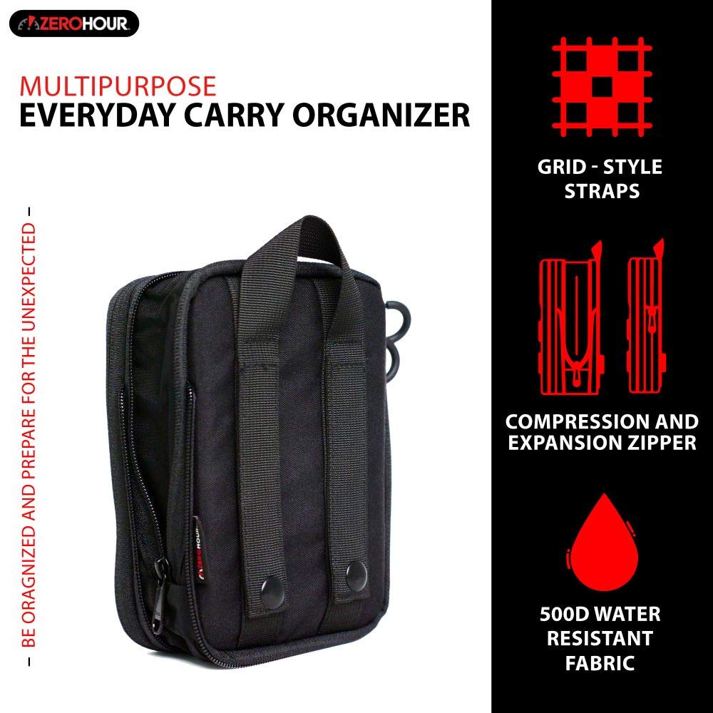 ZEROHOUR EDC Pouch with Elastic Grid Organizer - 500D Cordura Nylon Tactical Gear Organizer for Everyday Carry (EDC) - Expandable Zipper & Detachable Molle Pouch - Perfect for Camping, Hiking, Travel & Outdoor Adventures