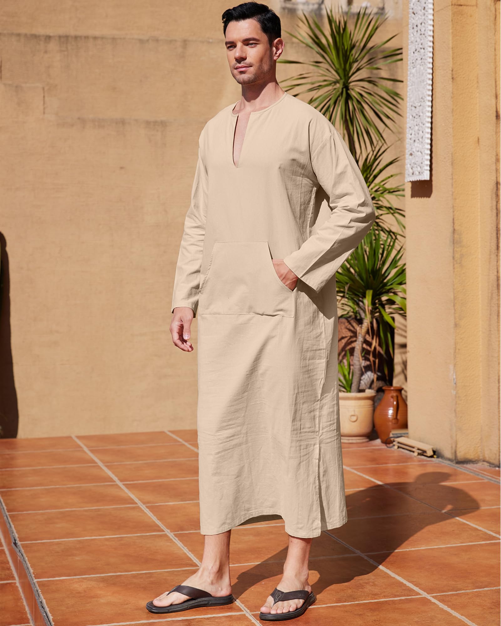 YAOHUOLE Men's Kaftan Thobe - Long Sleeve Islamic Robe with Side Slits & Pockets - Comfortable Casual Wear for Prayer, Home, Beach & Special Occasions