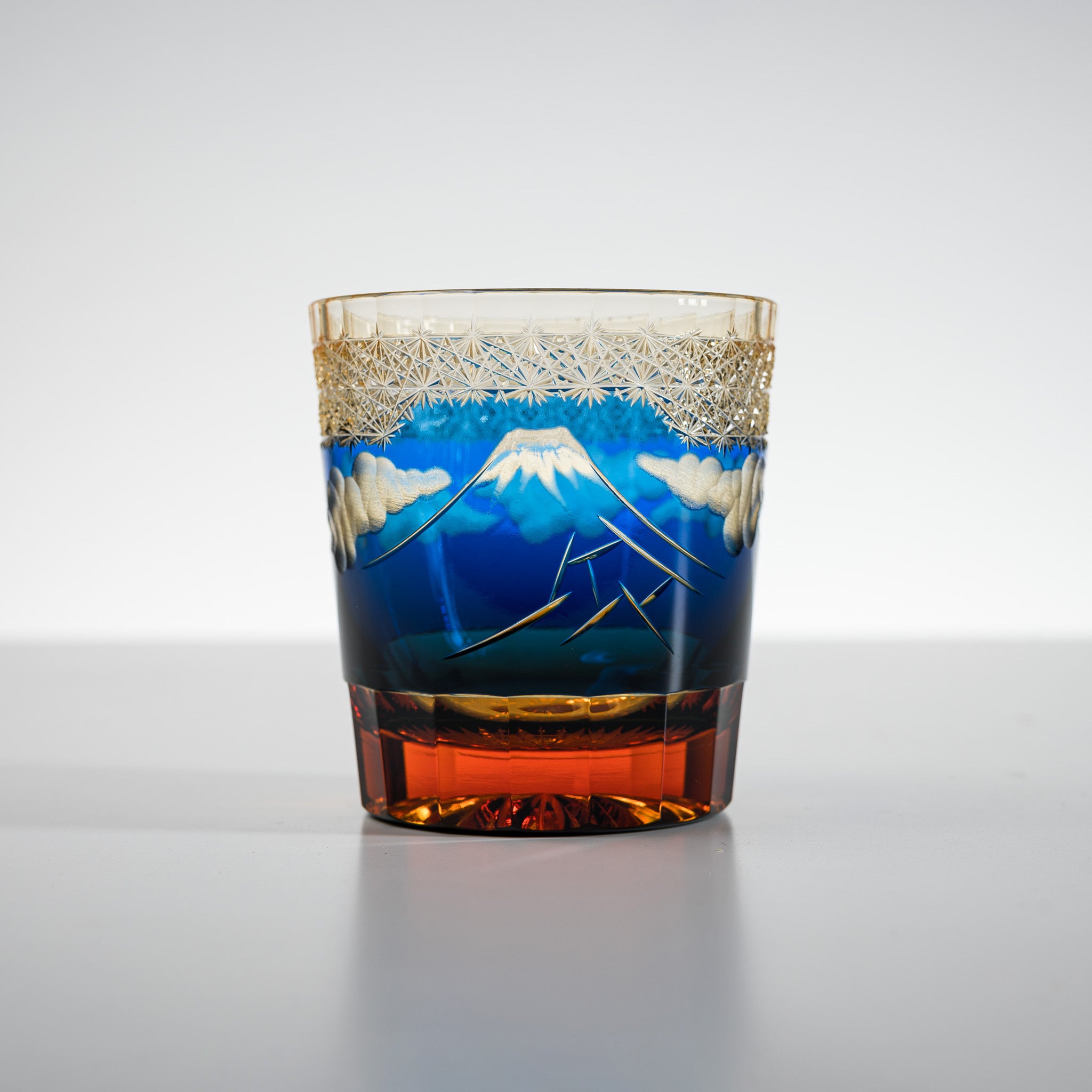 Yamada Crystal Glass Rock Glass with Mt Fuji Design in Amber & Blue - Perfect for Whiskey, Cocktails & Home Bar Decor