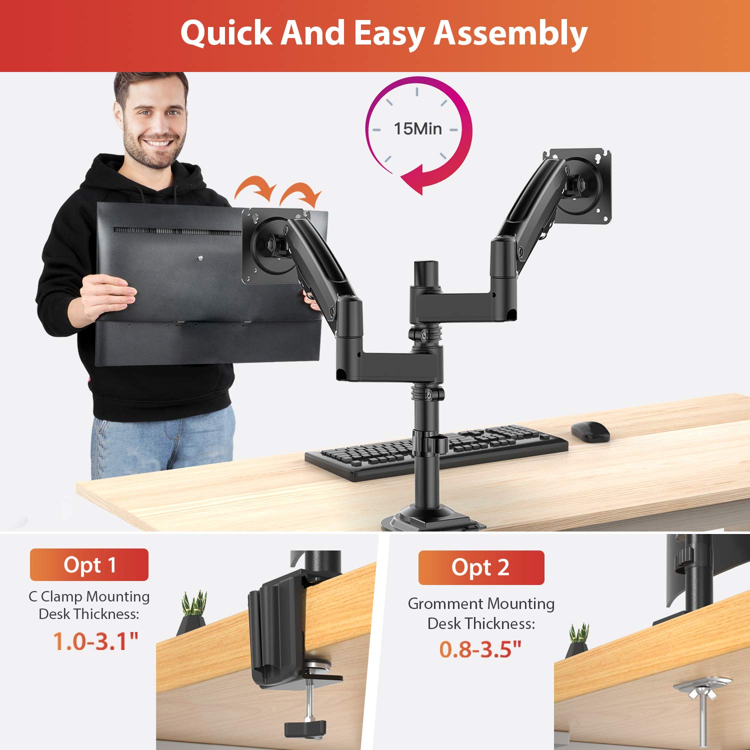 ErGear Dual Monitor Mount Arm 13-32 Inch - Adjustable Gas Spring Desk Stand with VESA 75/100mm, C Clamp & Grommet Mounting for Flat/Curved Screens (Holds 26.5lbs) - Perfect for Home Office, Gaming Setup & Workspace Ergonomics
