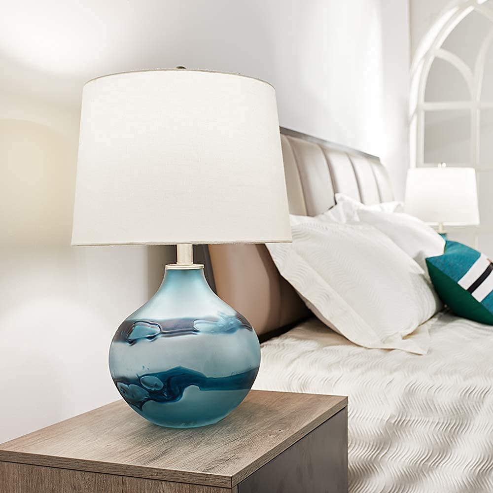 Maxax Glass Table Lamps Set of 2 - Large Blue Bedside Nightstand Lamps with White Drum Shade for Bedroom, Living Room & Office Decor | Perfect for Reading, Relaxing & Creating Ambient Lighting