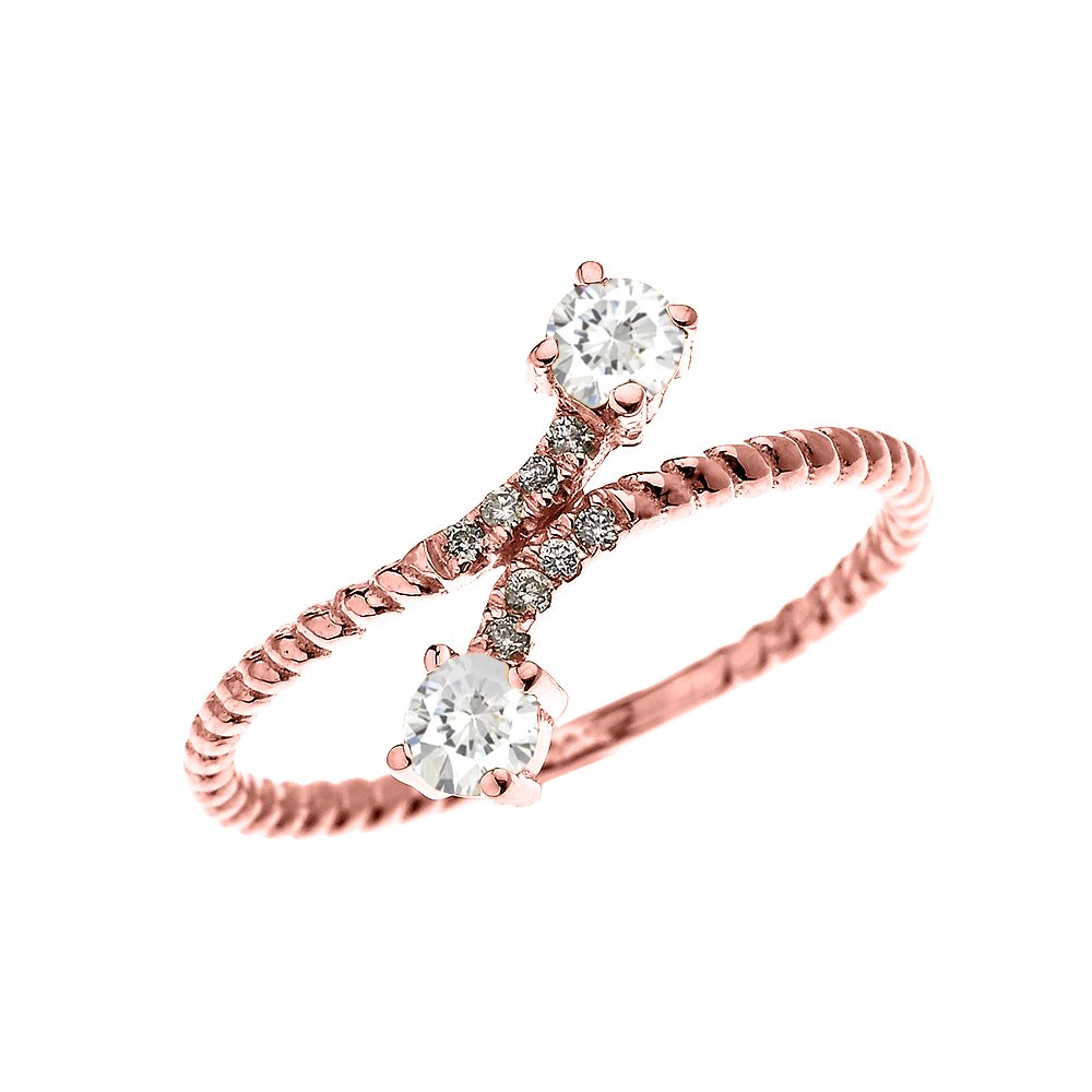 10K Rose Gold Dainty Diamond & White Topaz Rope Design Ring - Elegant Stackable Jewelry for Women, Perfect for Anniversary, Engagement & Everyday Wear