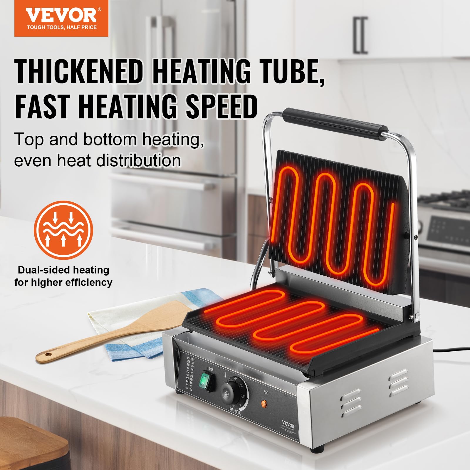 VEVOR 1800W Electric Panini Press Grill with Temperature Control, 14