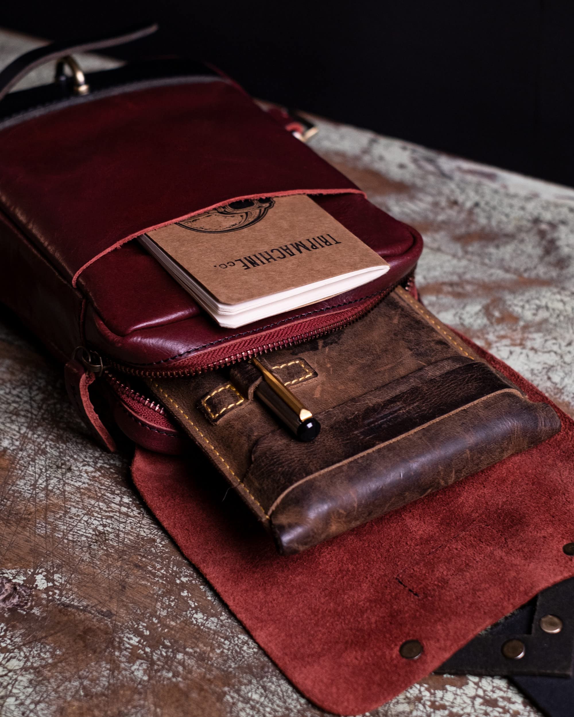 Genuine Leather Handmade Waist Bag Fanny Pack for Men & Women - Drop Thigh Crossbody Bag by Trip Machine Company (Cherry Red) - Perfect for Travel, Hiking, Festivals & Everyday Use