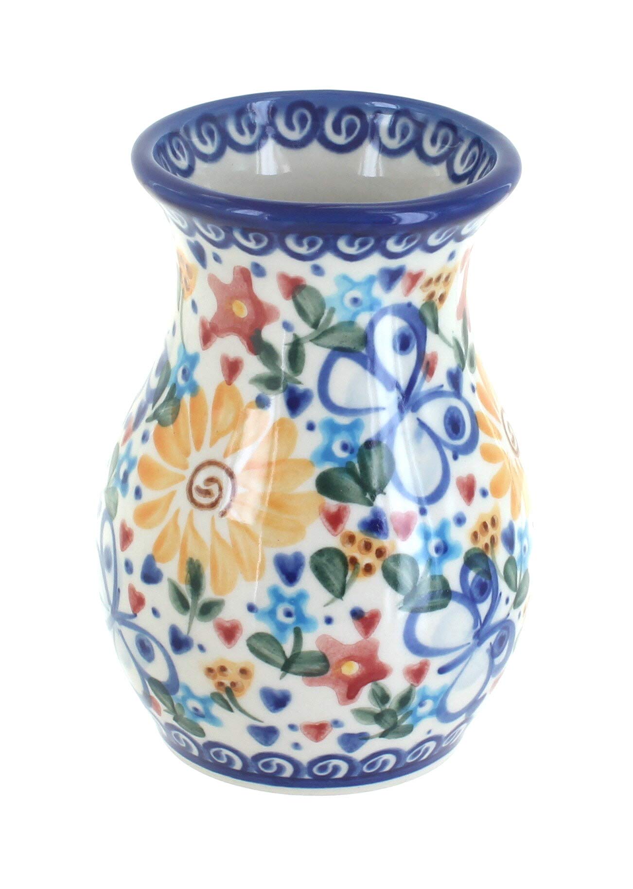 Handmade Blue Rose Polish Pottery Butterfly Vase - Elegant Floral Home Decor for Dining Table, Wedding Centerpiece & Gift Idea