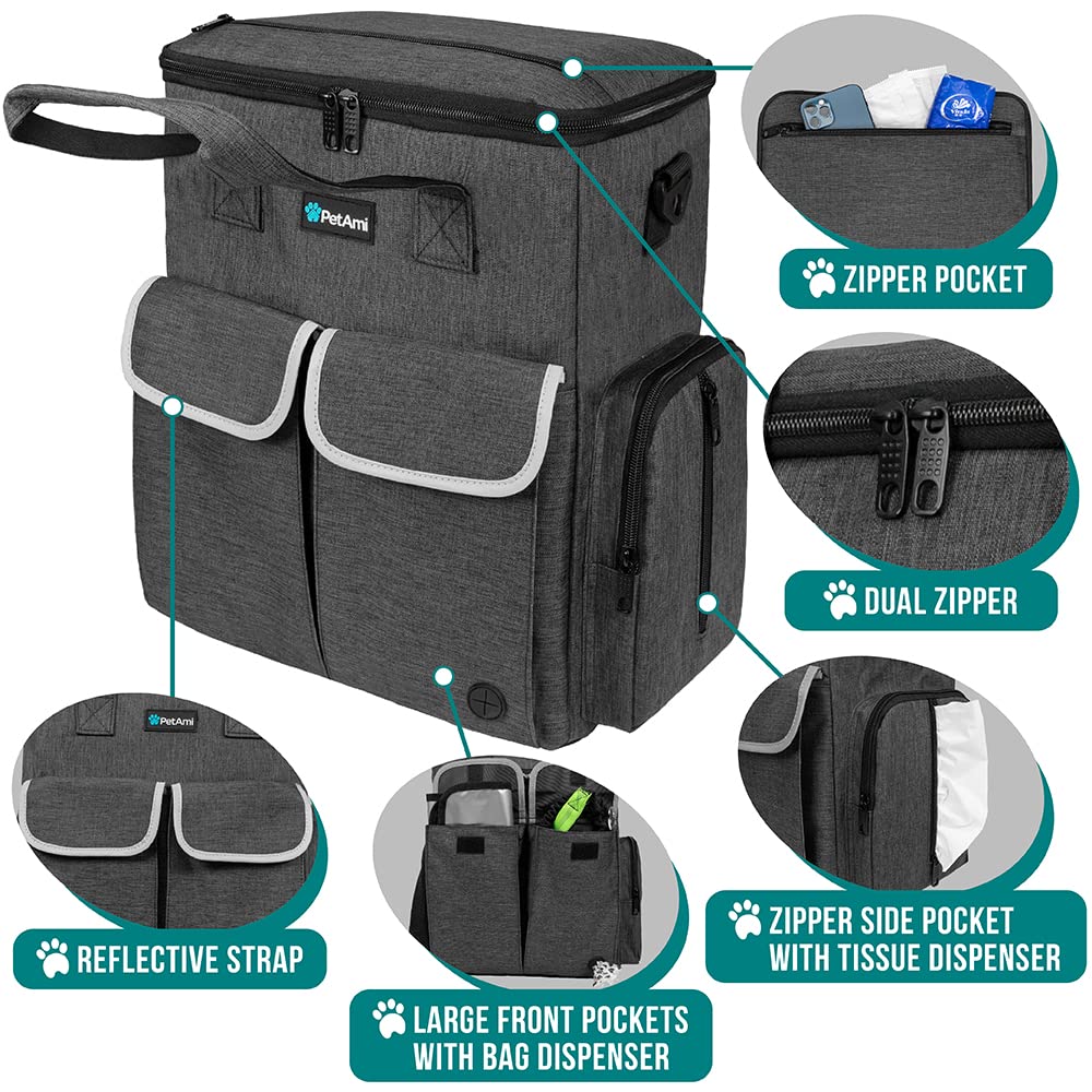 PetAmi Dog & Cat Travel Bag - Portable Pet Supplies Organizer for Travel, Camping, Hiking & Weekend Trips - Includes 2 Food Containers, 2 Collapsible Bowls & Feeding Mat (Dark Gray) - Perfect for Outdoor Adventures & Pet-Friendly Vacations