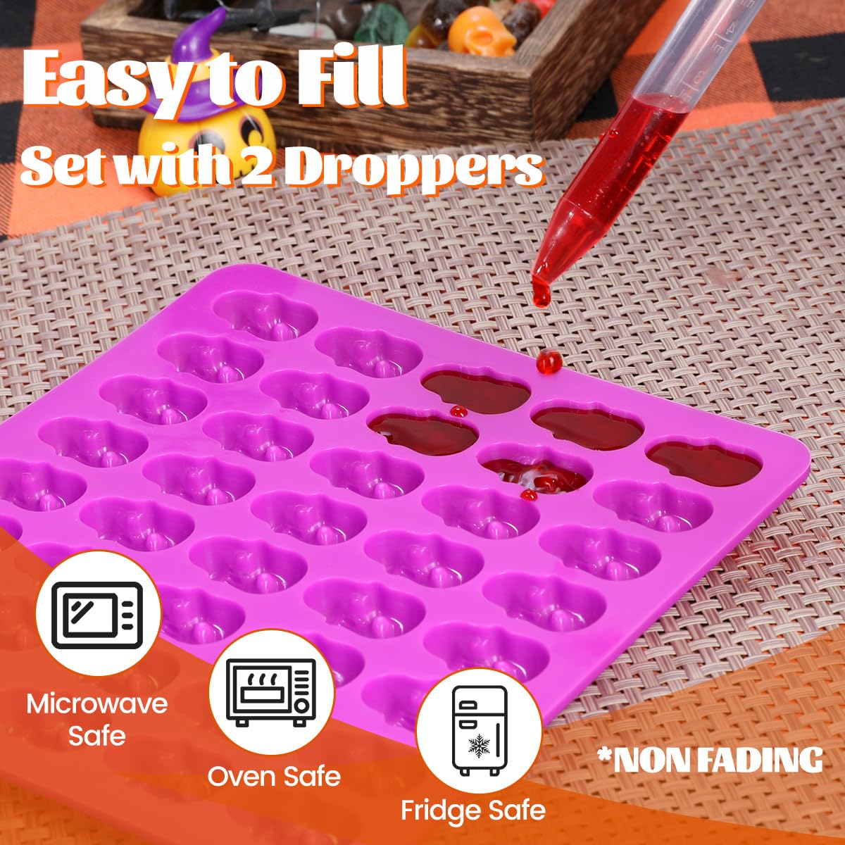 Halloween Skull Silicone Molds 2-Pack - Mini Skull Candy Molds for Chocolate, Gummies, Ice Cubes & Soap Making - Includes 2 Droppers - Perfect for Halloween Baking, Party Treats & DIY Crafts