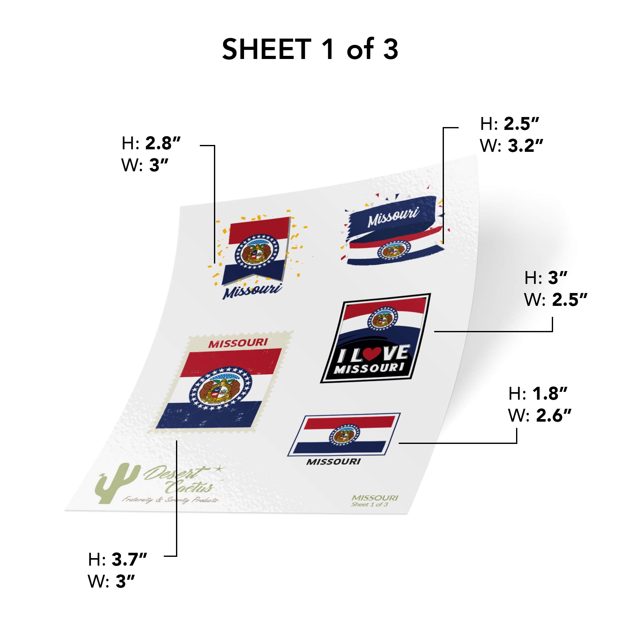 Missouri State Flag Sticker - Desert Cactus Design - 3 Pack Vinyl Decals for Kids, Scrapbooking, Cars, Windows, Bumpers & Laptops - Durable Waterproof Decorative Stickers for Home, Office & School Use