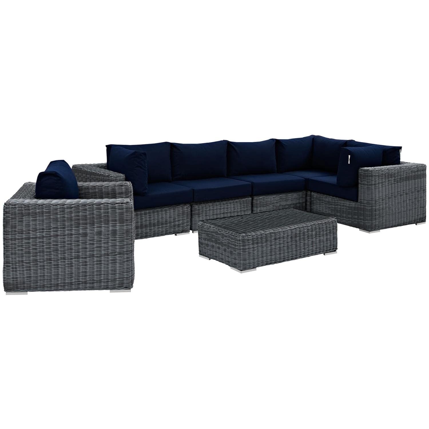 Modway Summon 7-Piece Outdoor Patio Sectional Sofa Set with Sunbrella Cushions in Navy Canvas - Perfect for Backyard, Poolside & Garden Relaxation