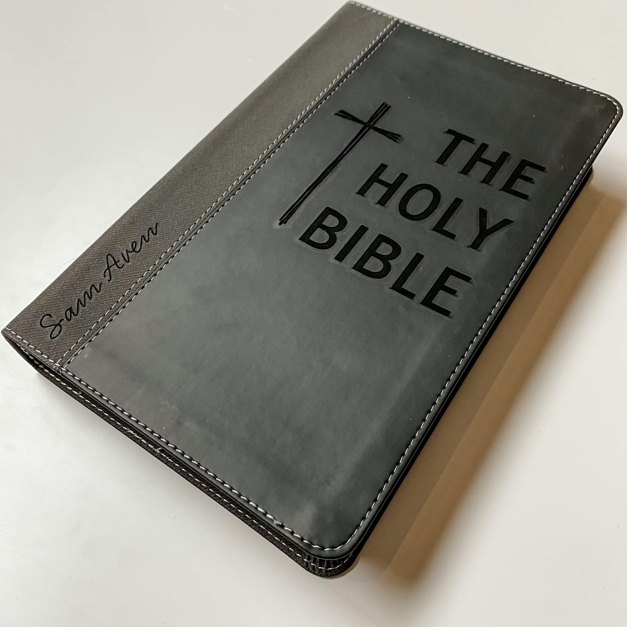 Personalized NIV Black/Gray Leathersoft Bible with Hand Lettering & Laser Engraving - Custom Name Engraving Available - Perfect Wedding, Baptism, Graduation & Birthday Gift - Ideal for Church Services, Bible Study & Spiritual Growth
