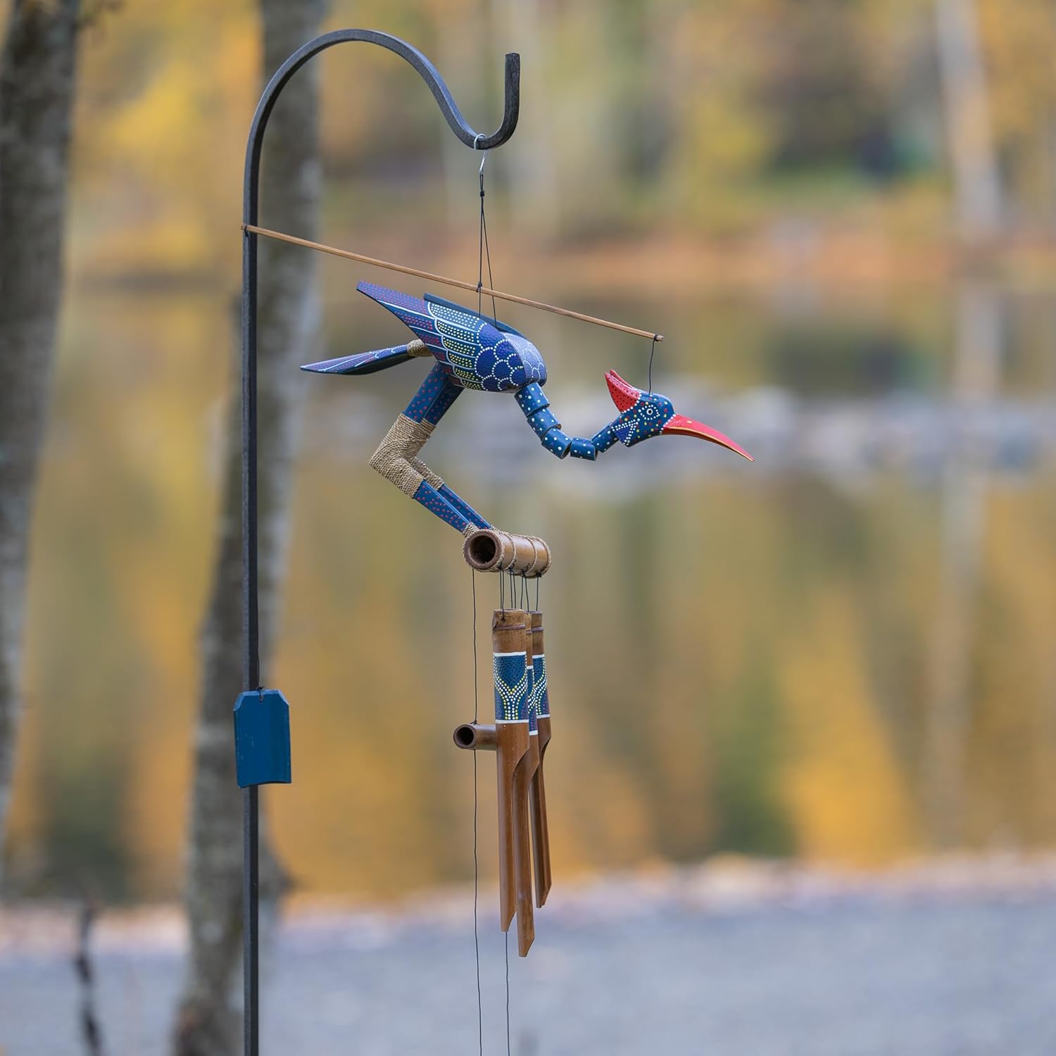 Hand Painted Purple Spotted Bamboo Wind Chime with Bobbing Head Bird - Cohasset Gifts 174P Passion Collection | Outdoor Garden Decor, Patio Ornament, Zen Relaxation Gift