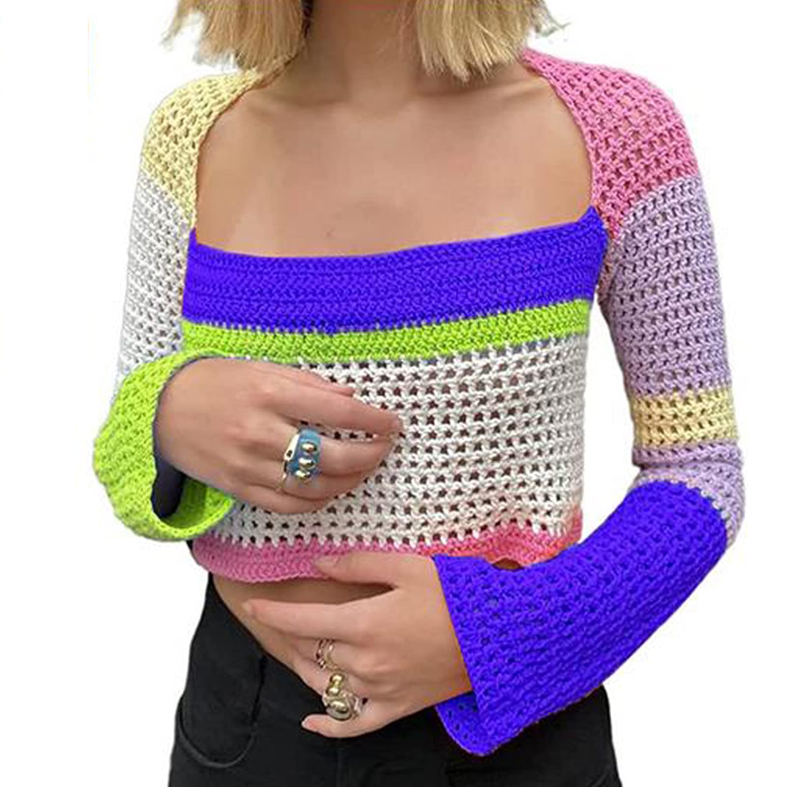 Sunloudy Women's Cropped Knit Top - Long Sleeve Crochet Hollow Out Square Neck Sweater | Casual Spring Outfit, Boho Chic Look, Perfect for Dates & Brunch